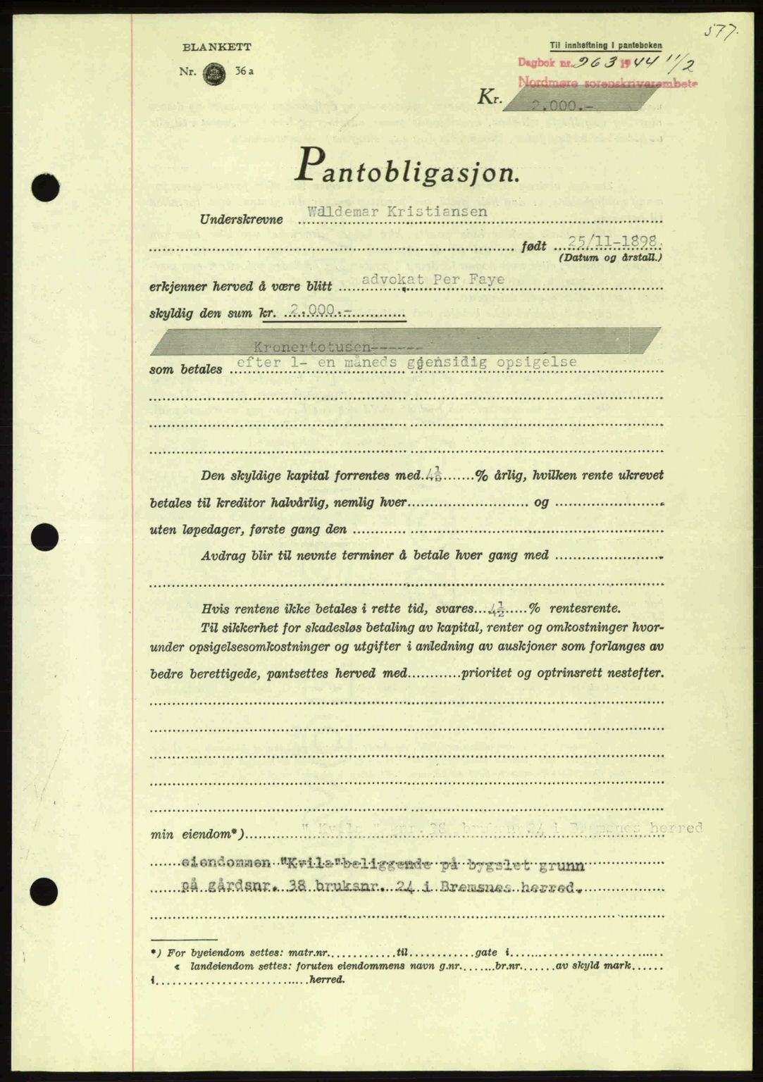 Nordmøre sorenskriveri, AV/SAT-A-4132/1/2/2Ca: Mortgage book no. B91, 1943-1944, Diary no: : 263/1944