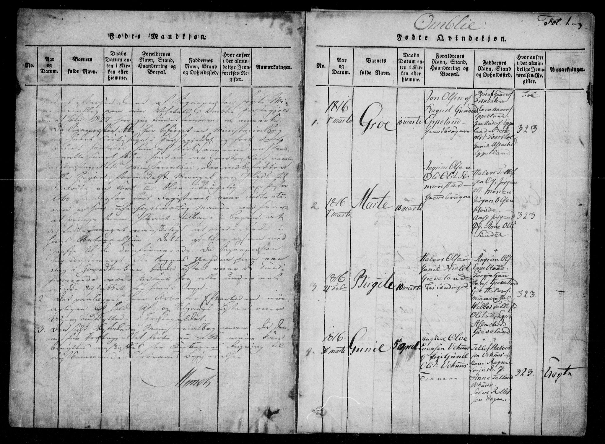 Åmli sokneprestkontor, AV/SAK-1111-0050/F/Fa/Fac/L0006: Parish register (official) no. A 6, 1816-1829, p. 1