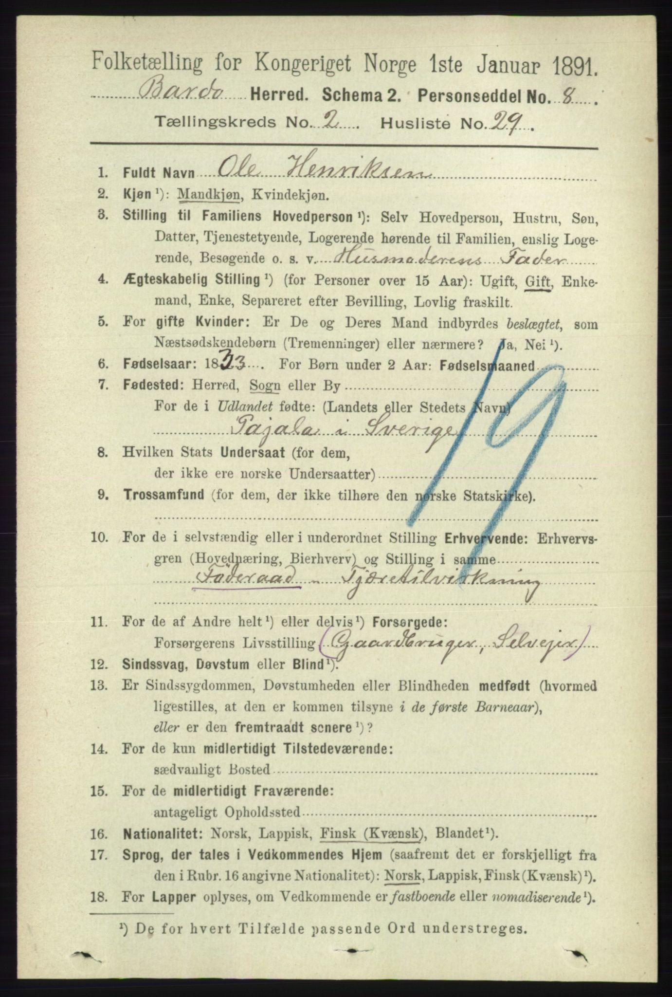 RA, 1891 census for 1922 Bardu, 1891, p. 700