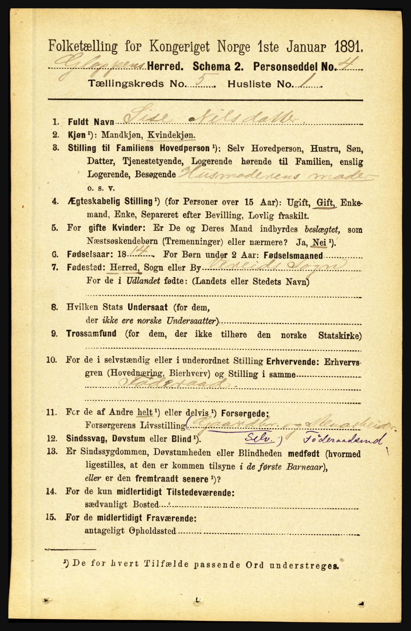 RA, 1891 census for 1445 Gloppen, 1891, p. 2063