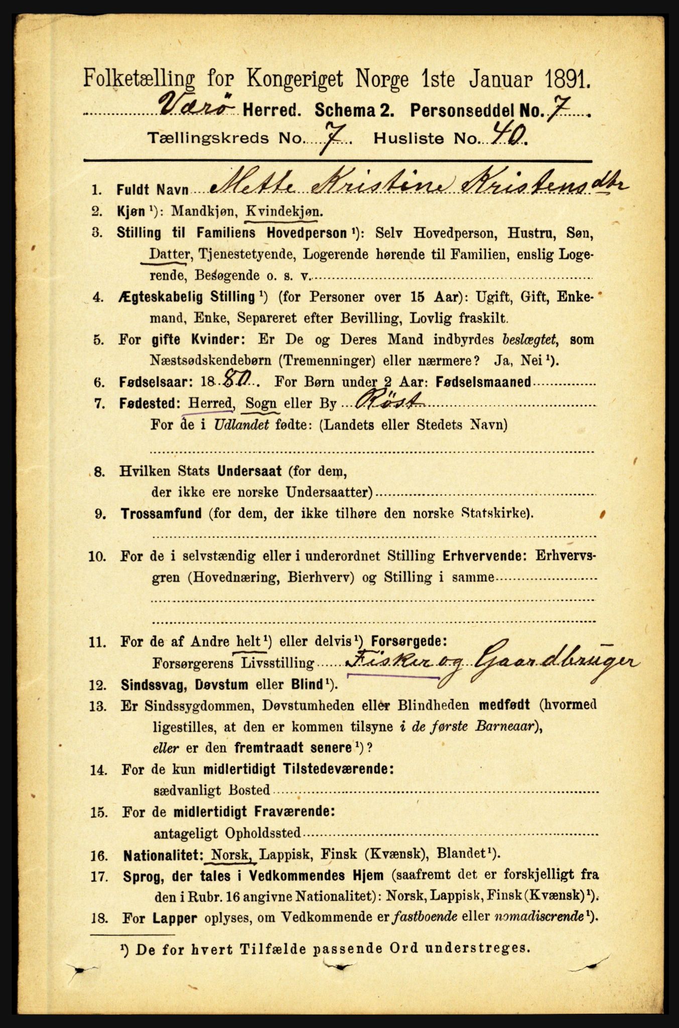 RA, 1891 census for 1857 Værøy, 1891, p. 1017