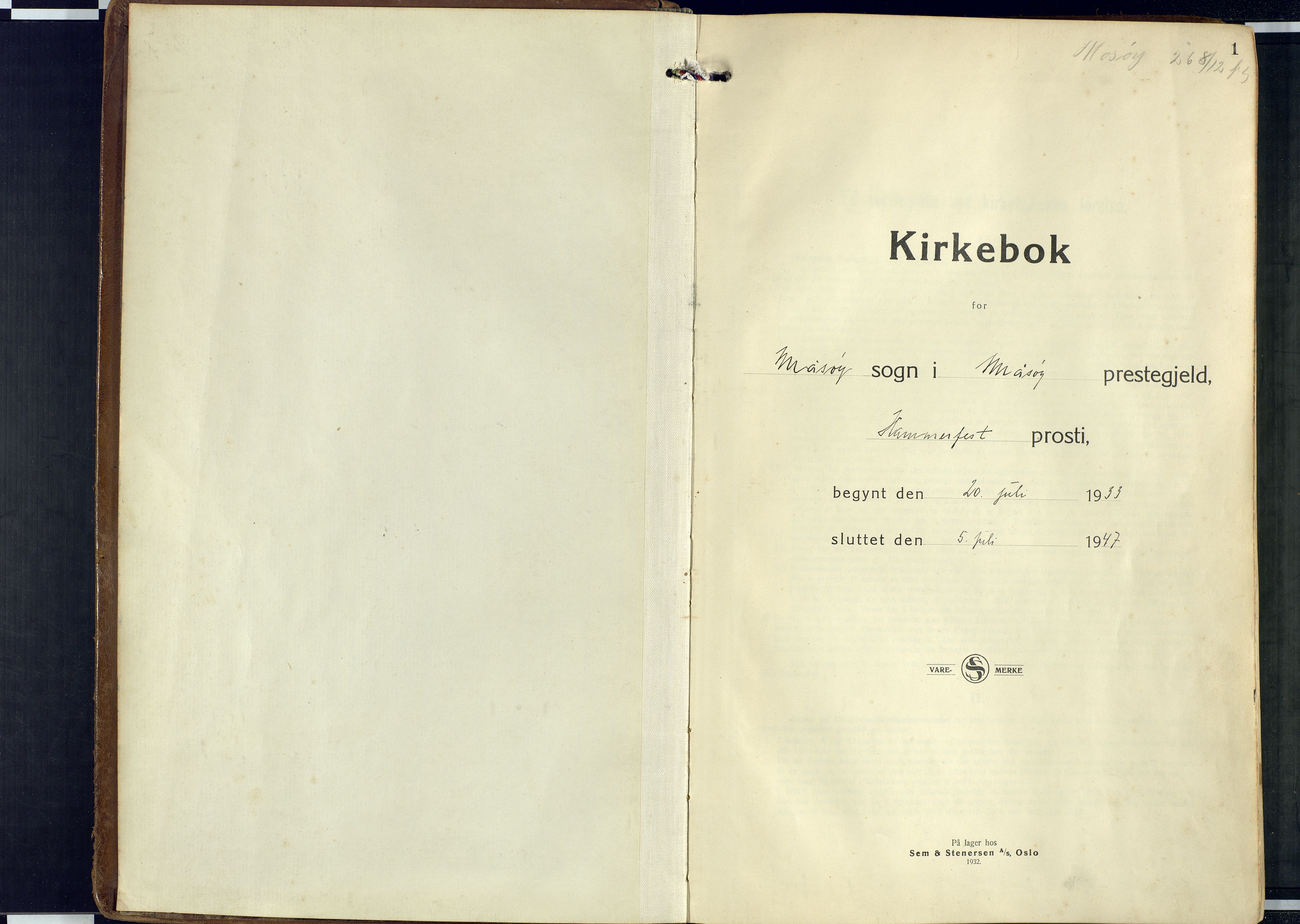 Måsøy sokneprestkontor, SATØ/S-1348/H/Ha/L0011kirke: Parish register (official) no. 11, 1933-1947, p. 1