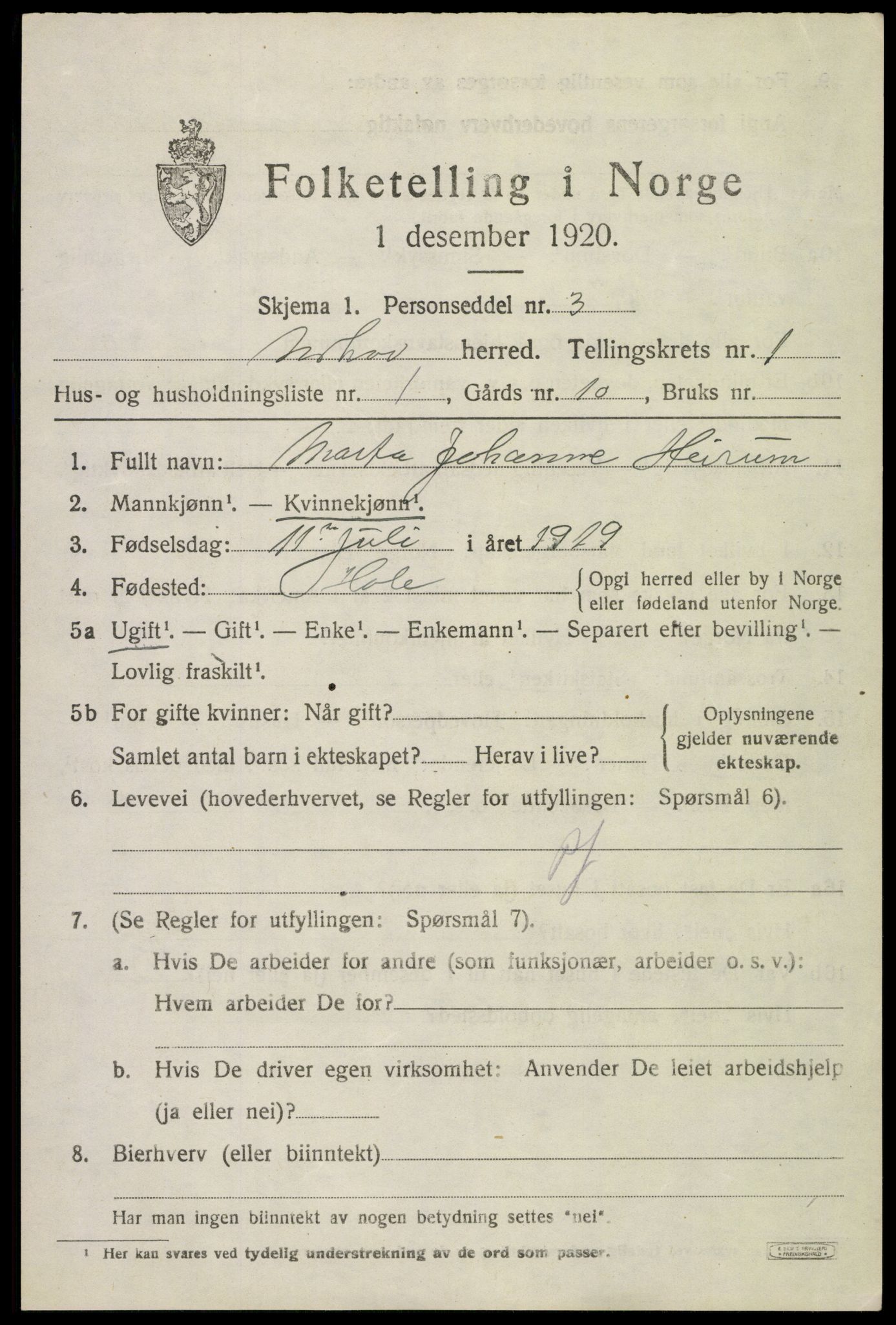 SAKO, 1920 census for Norderhov, 1920, p. 3610