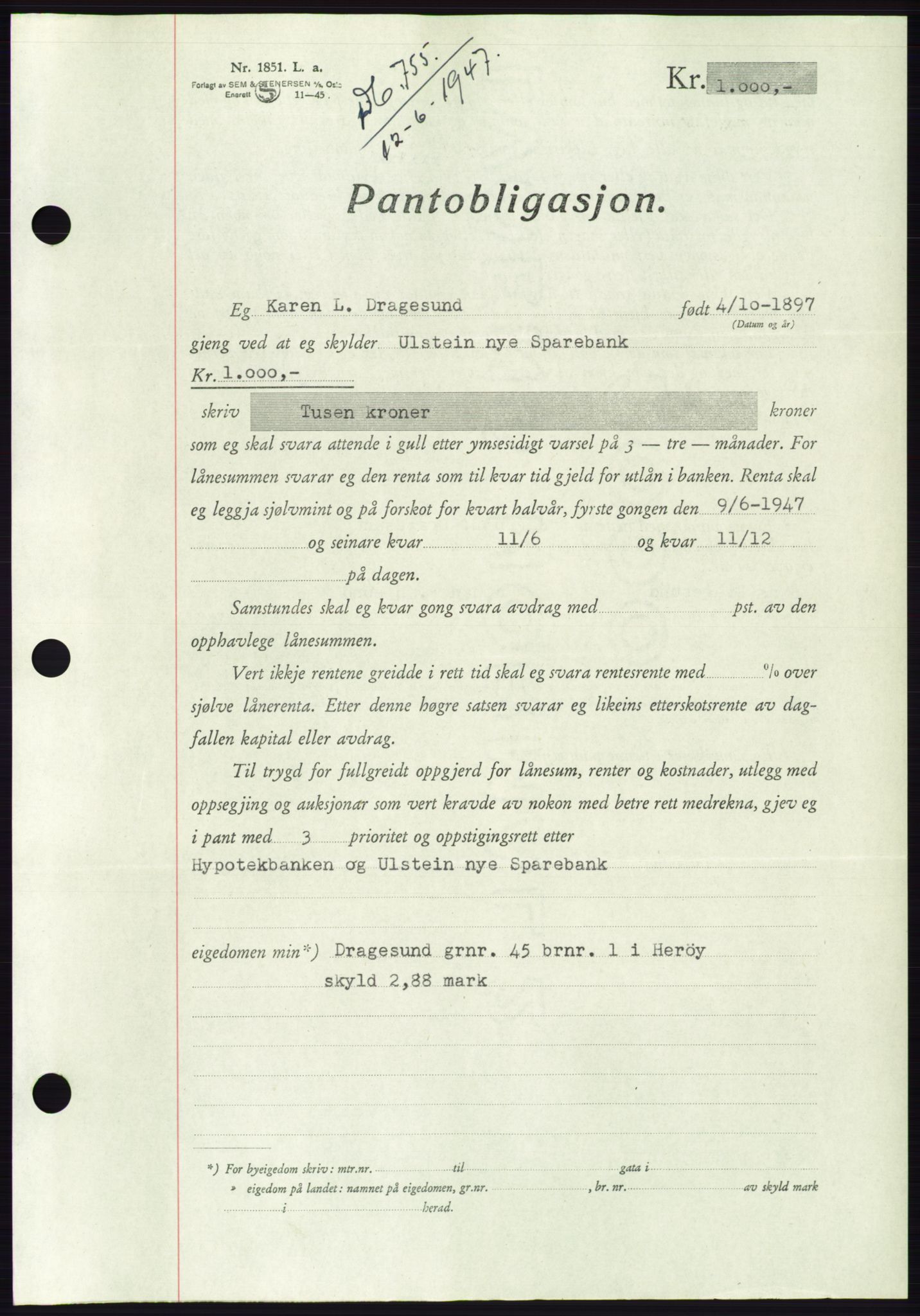 Søre Sunnmøre sorenskriveri, AV/SAT-A-4122/1/2/2C/L0115: Mortgage book no. 3B, 1947-1948, Diary no: : 755/1947