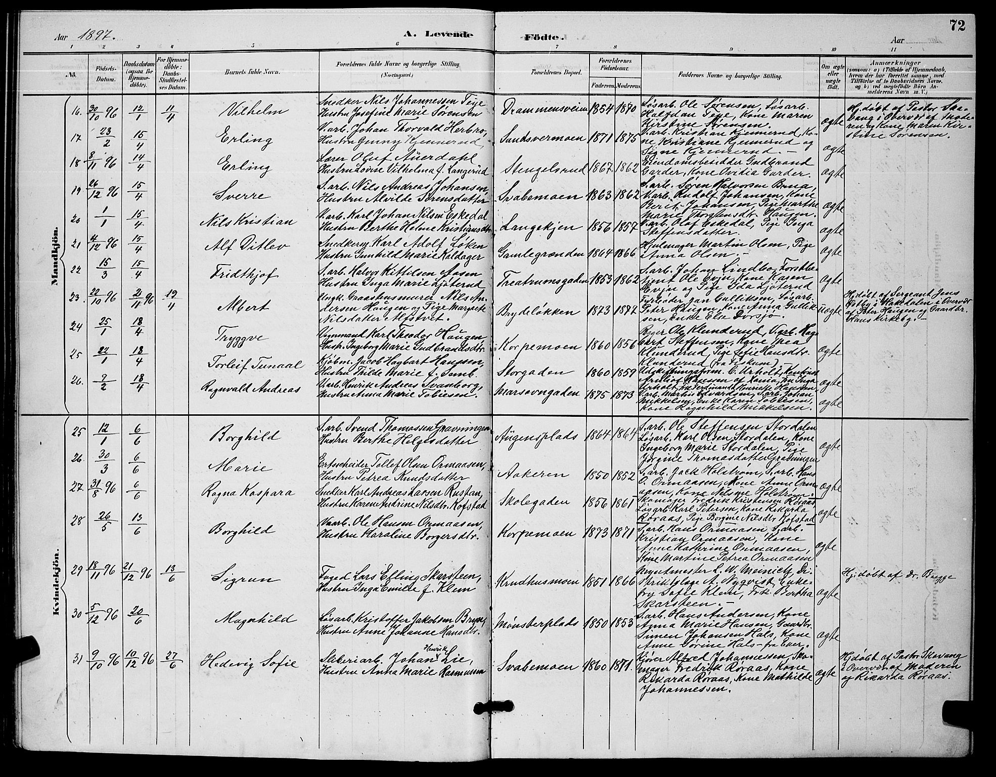 Kongsberg kirkebøker, AV/SAKO-A-22/G/Ga/L0006: Parish register (copy) no. 6, 1890-1901, p. 72