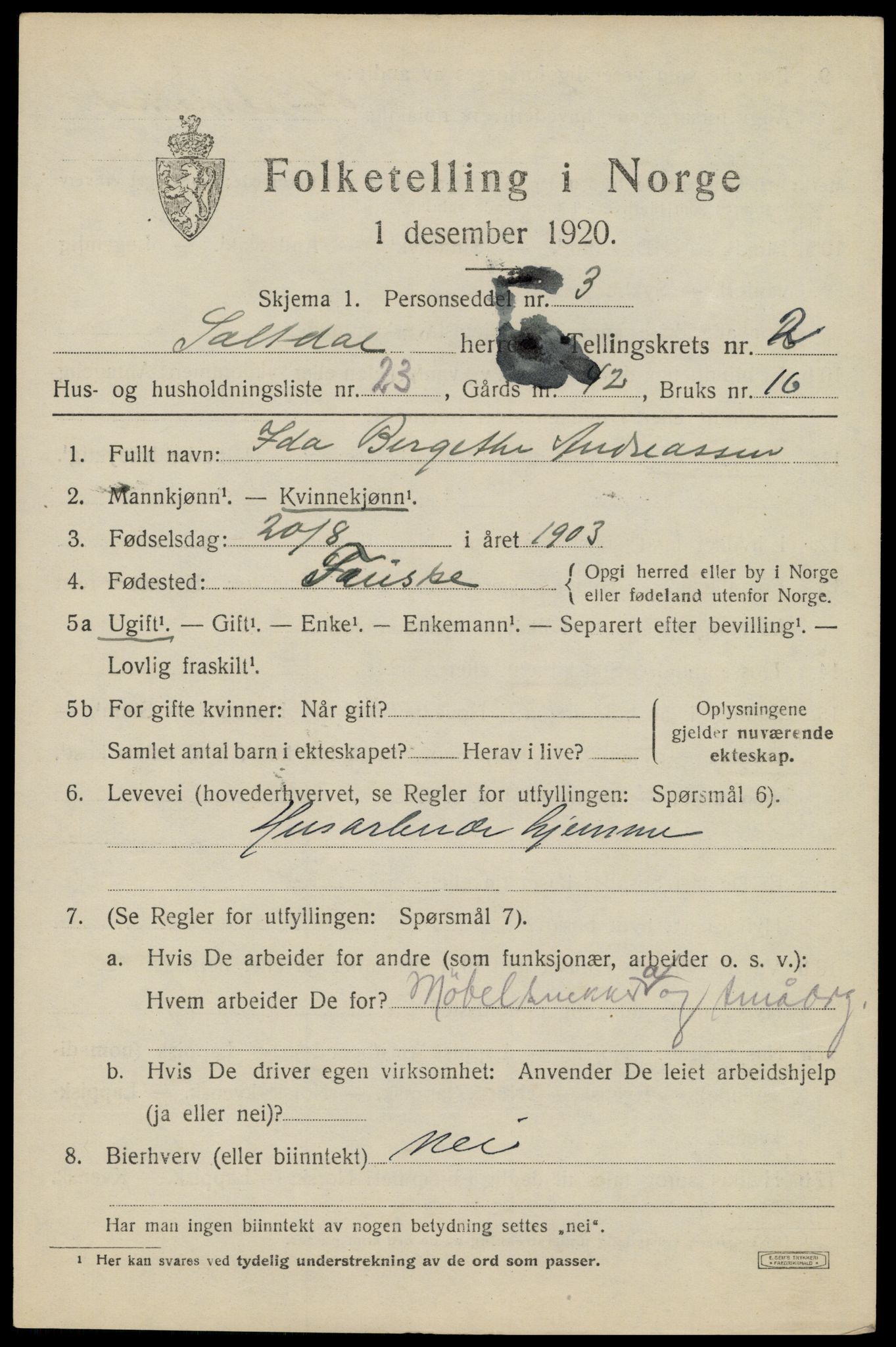 SAT, 1920 census for Saltdal, 1920, p. 3165