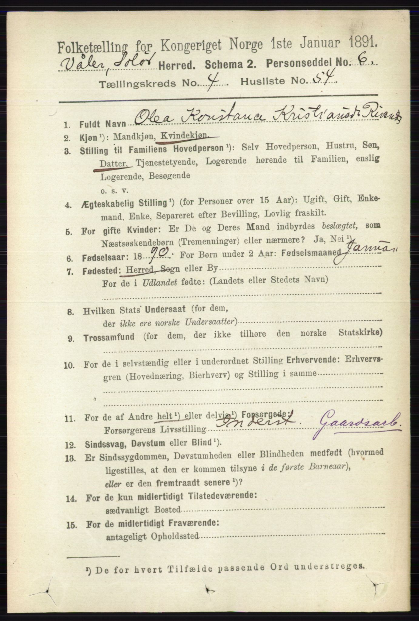 RA, 1891 census for 0426 Våler, 1891, p. 1799