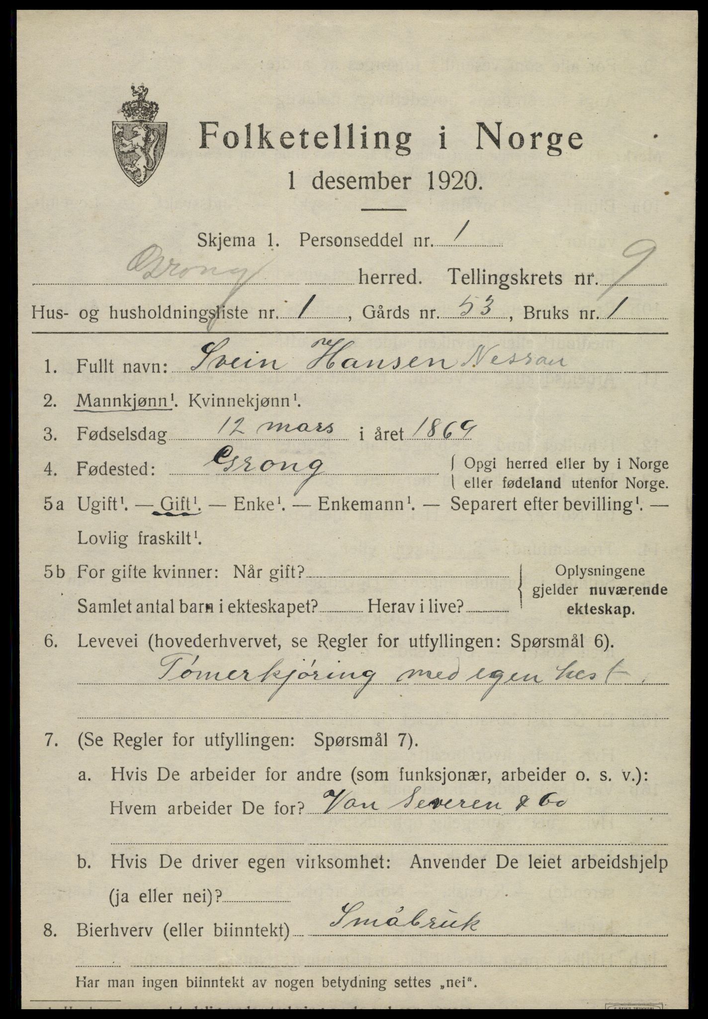 SAT, 1920 census for Grong, 1920, p. 5105