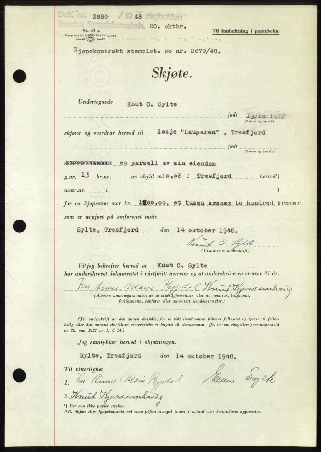 Romsdal sorenskriveri, AV/SAT-A-4149/1/2/2C: Mortgage book no. A27, 1948-1948, Diary no: : 2680/1948