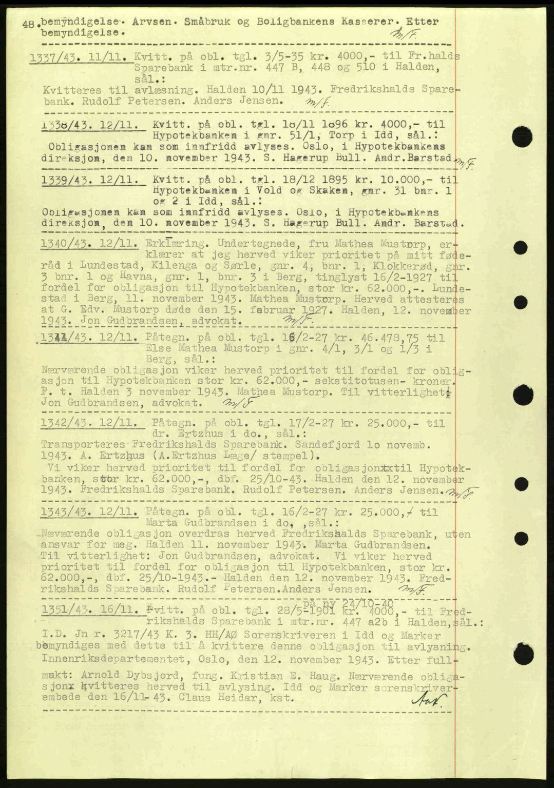 Idd og Marker sorenskriveri, AV/SAO-A-10283/G/Gb/Gbc/L0002: Mortgage book no. B4-9a, 1939-1945, Diary no: : 1337/1943