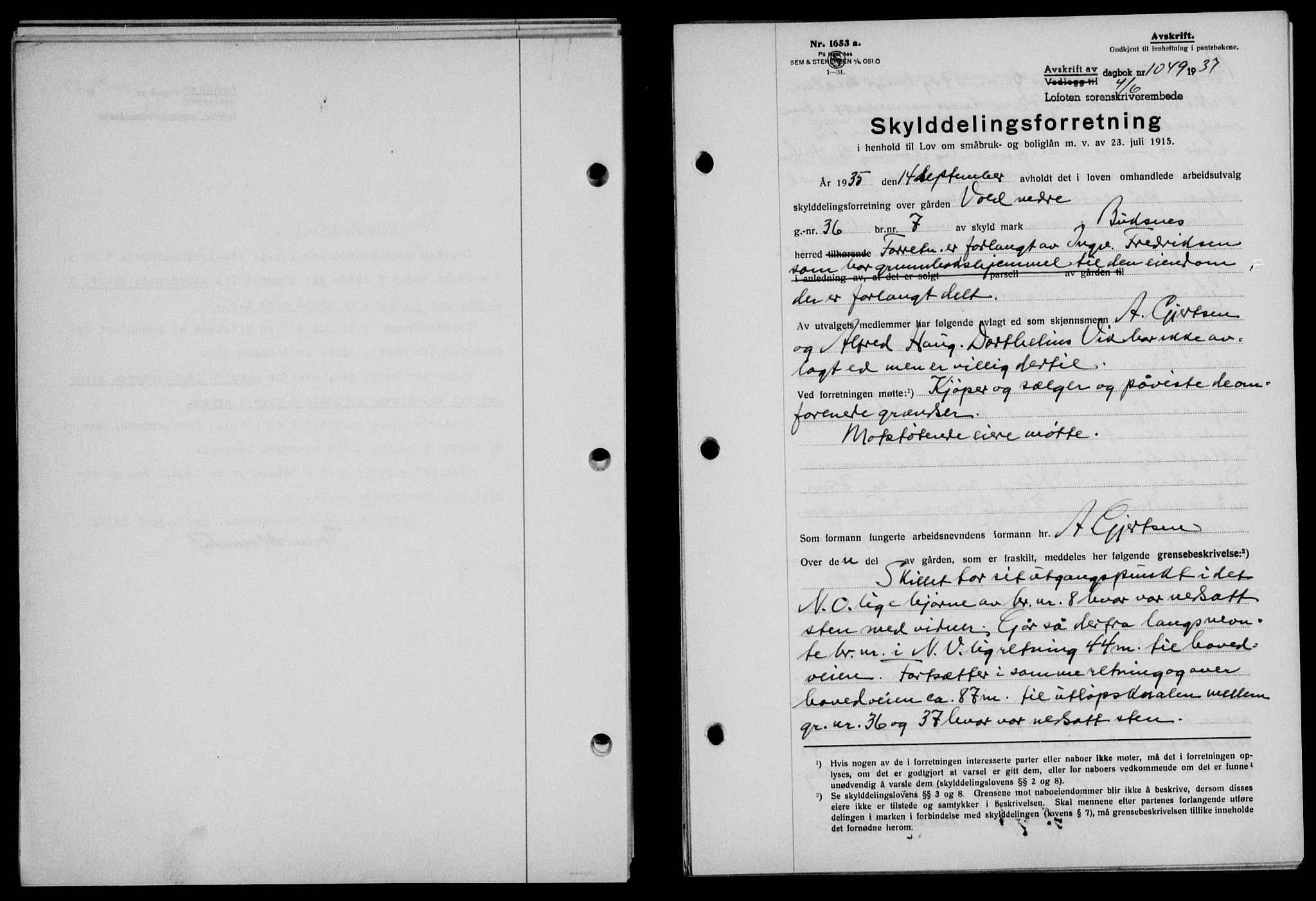 Lofoten sorenskriveri, SAT/A-0017/1/2/2C/L0002a: Mortgage book no. 2a, 1937-1937, Diary no: : 1049/1937