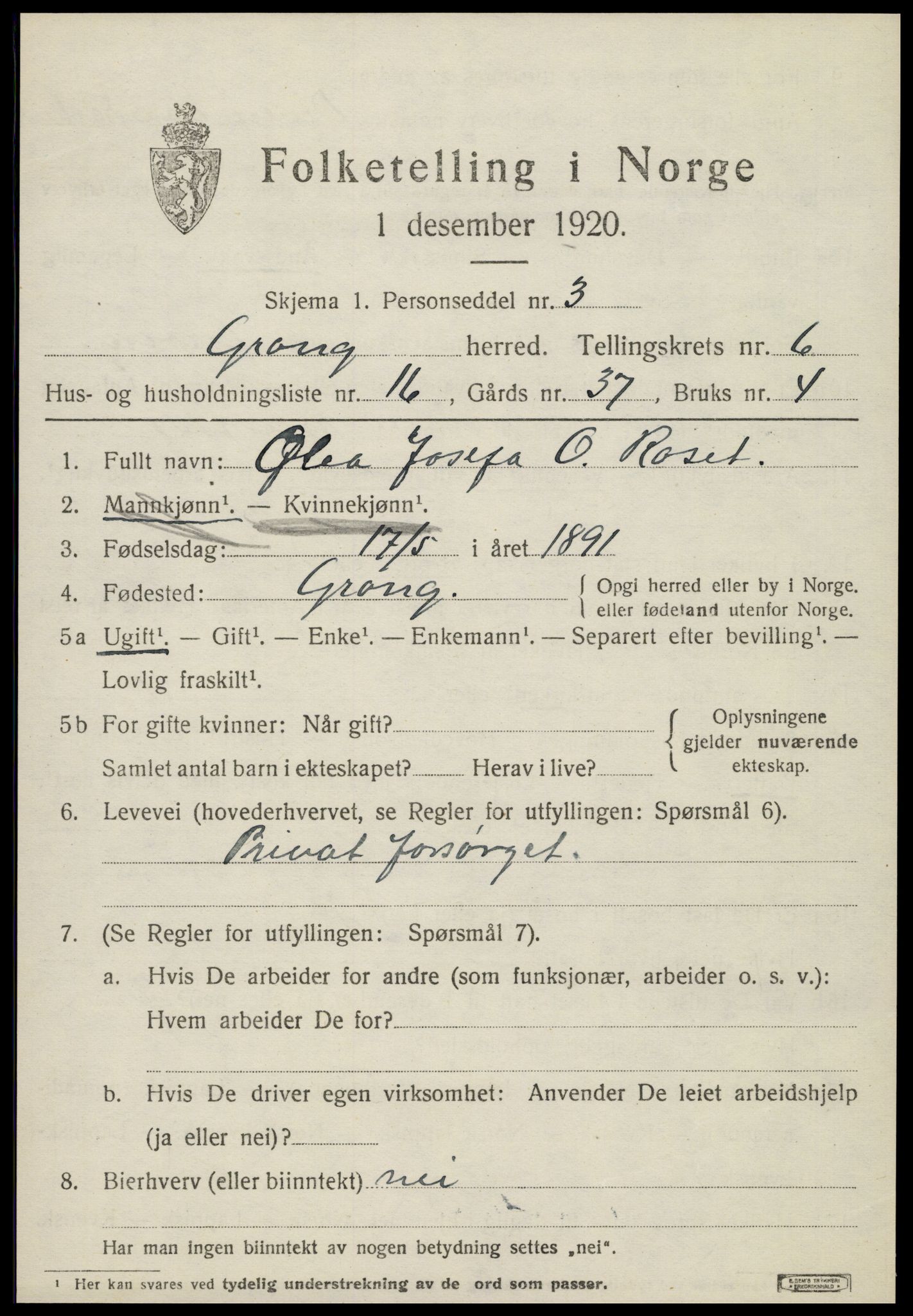 SAT, 1920 census for Grong, 1920, p. 3723