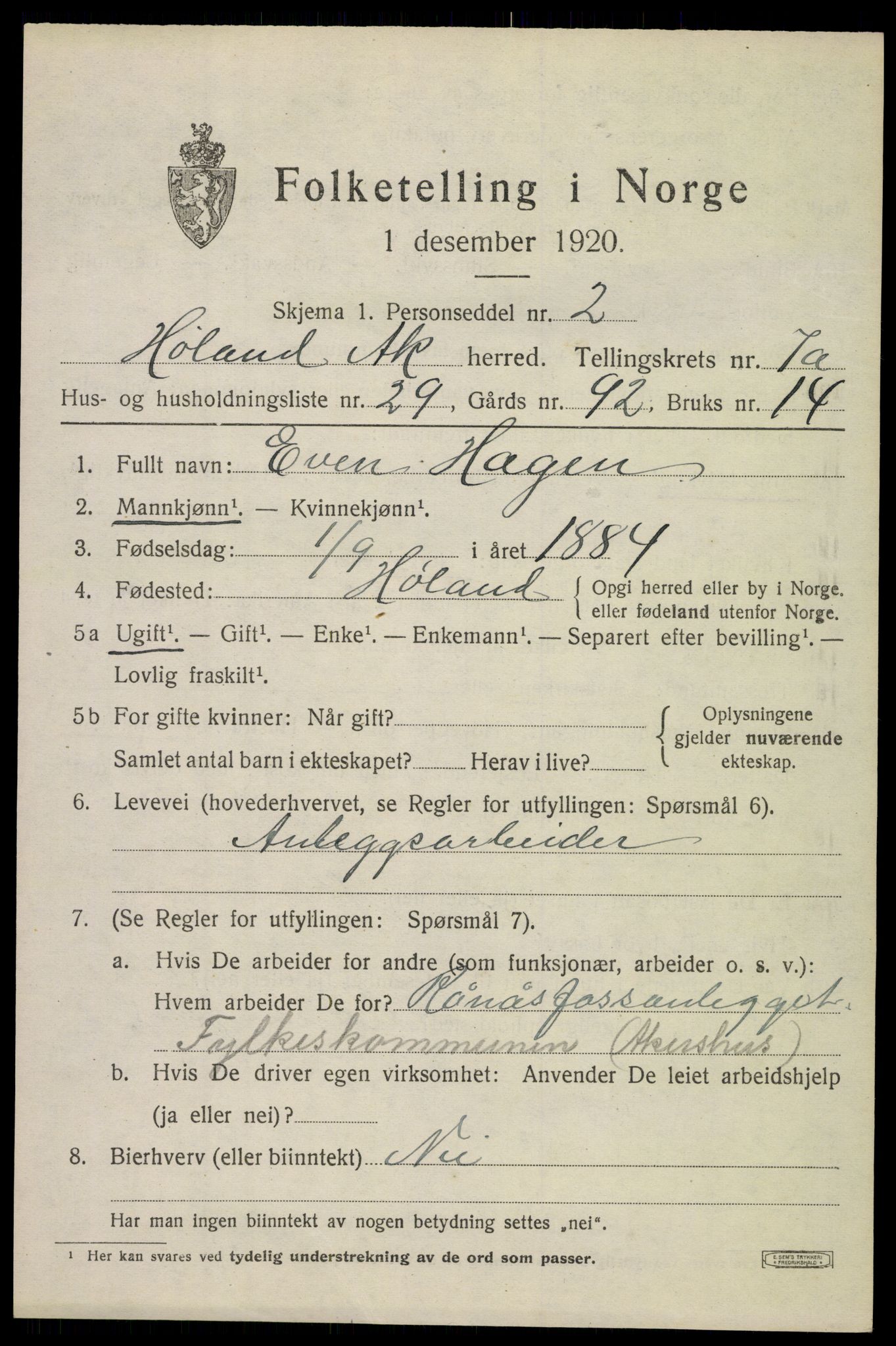 SAO, 1920 census for Høland, 1920, p. 9475