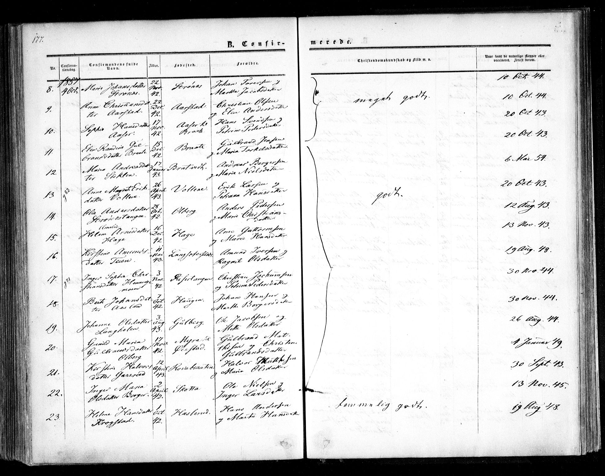 Trøgstad prestekontor Kirkebøker, AV/SAO-A-10925/F/Fa/L0008.a: Parish register (official) no. I 8A, 1855-1864, p. 177