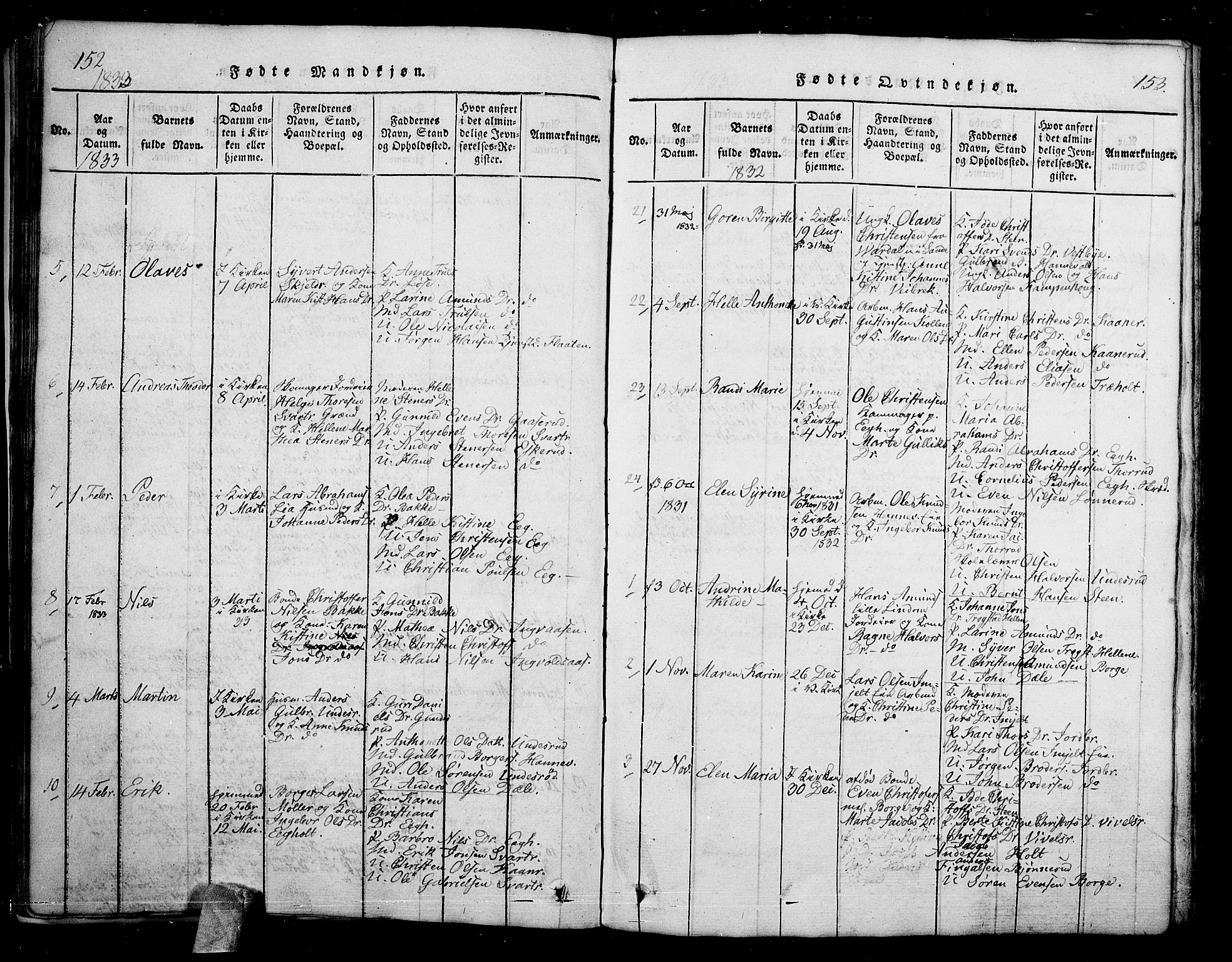 Skoger kirkebøker, AV/SAKO-A-59/G/Ga/L0001: Parish register (copy) no. I 1, 1814-1845, p. 154-155