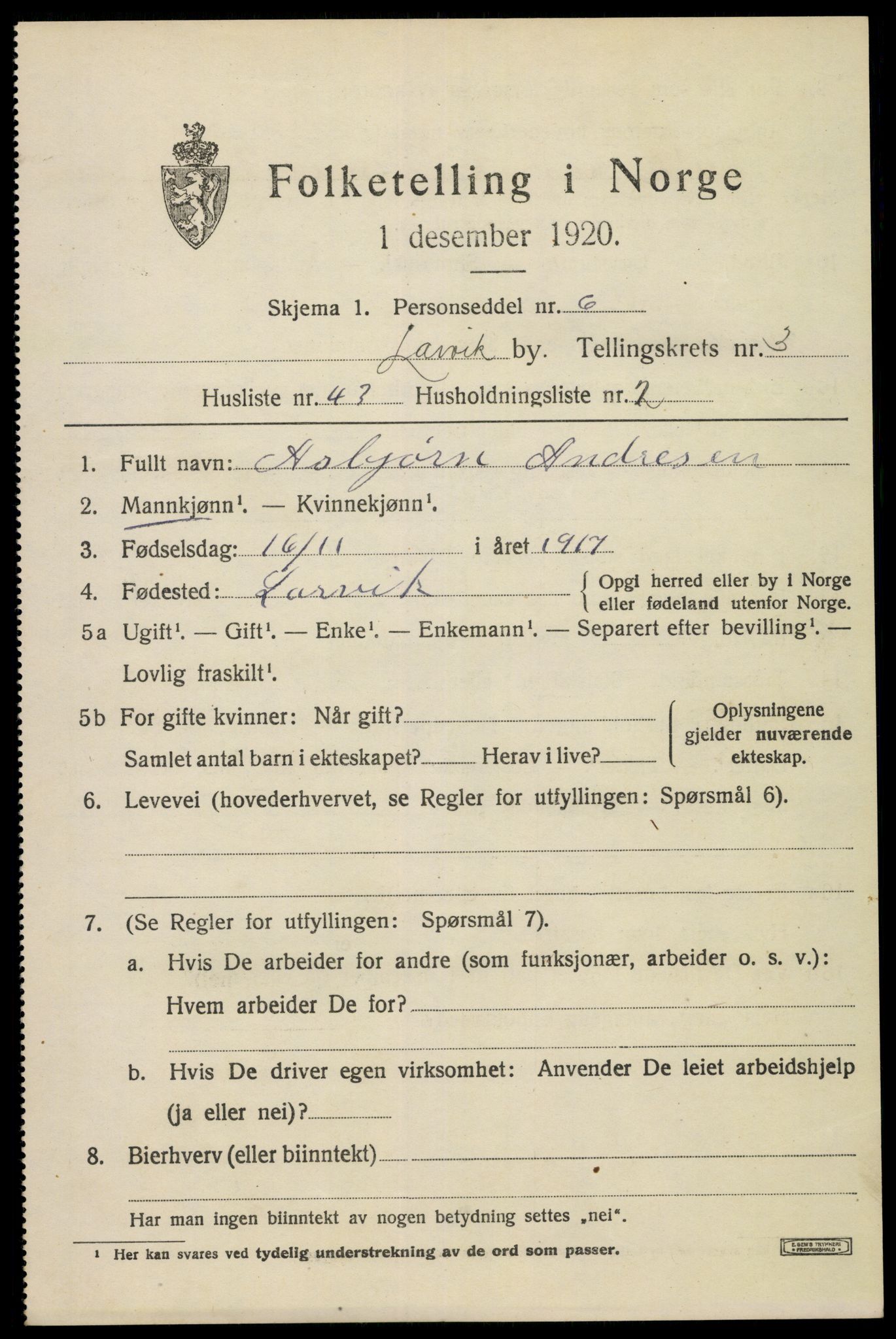 SAKO, 1920 census for Larvik, 1920, p. 13014