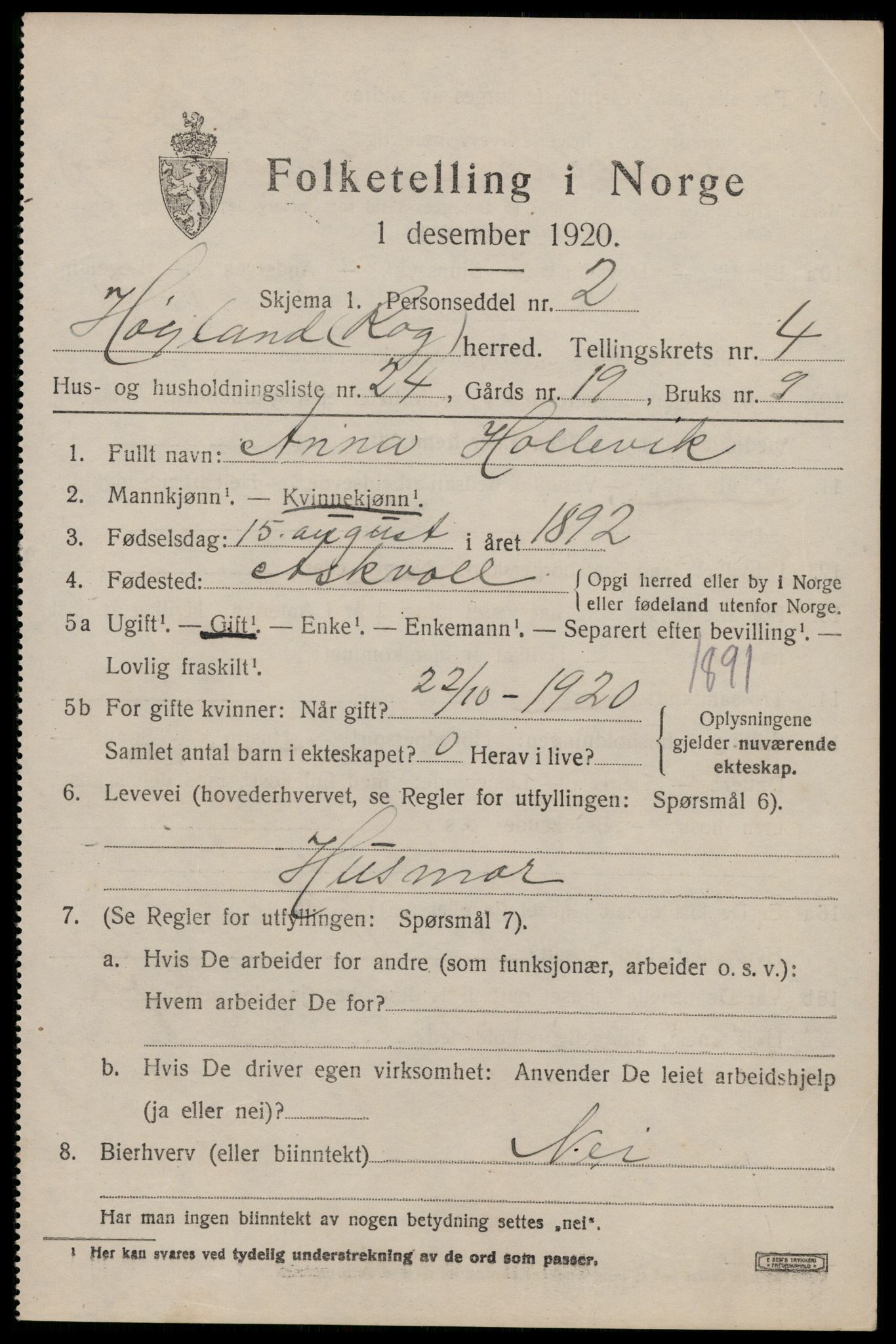 SAST, 1920 census for Høyland, 1920, p. 3718