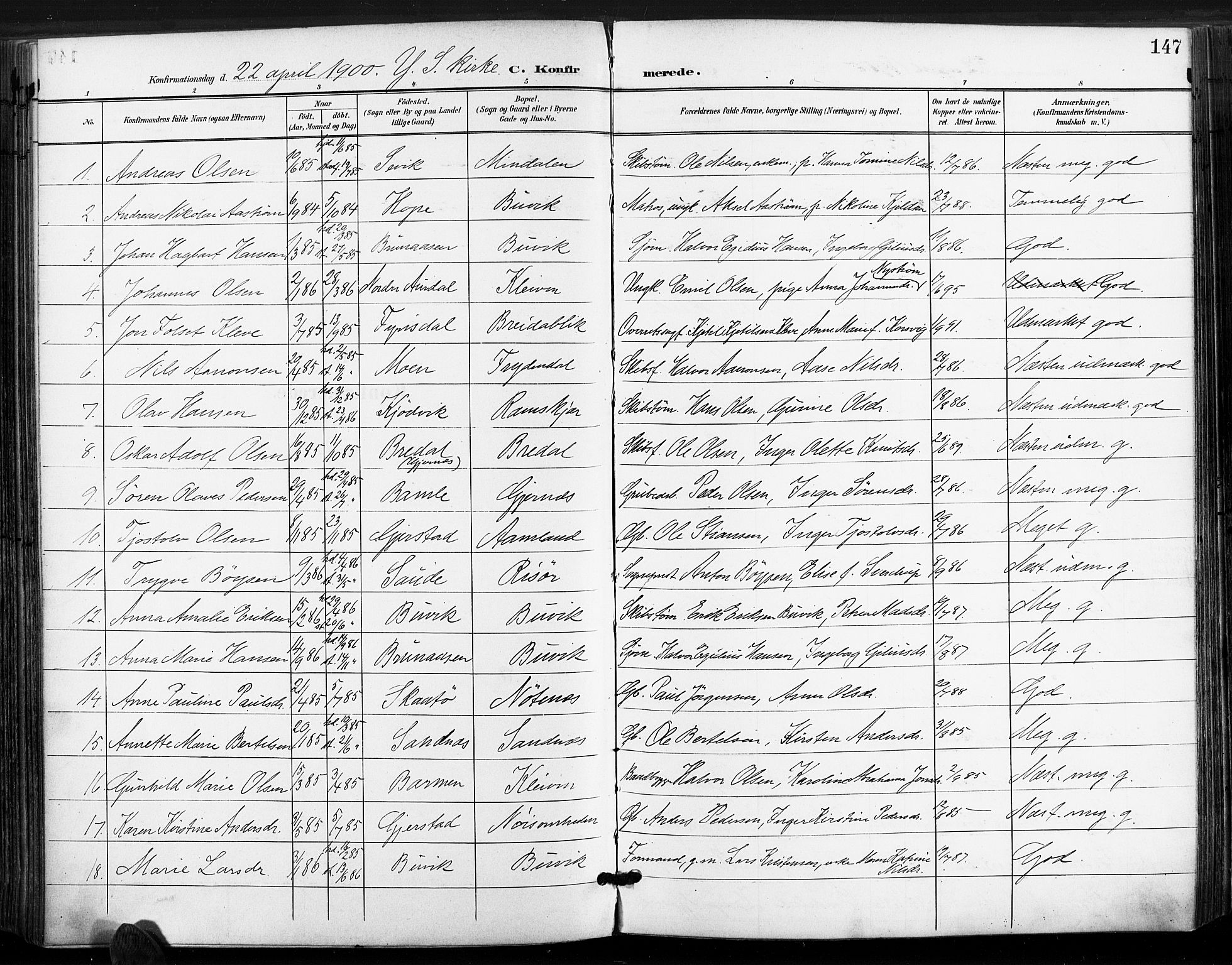 Søndeled sokneprestkontor, SAK/1111-0038/F/Fa/L0006: Parish register (official) no. A 6, 1900-1922, p. 147