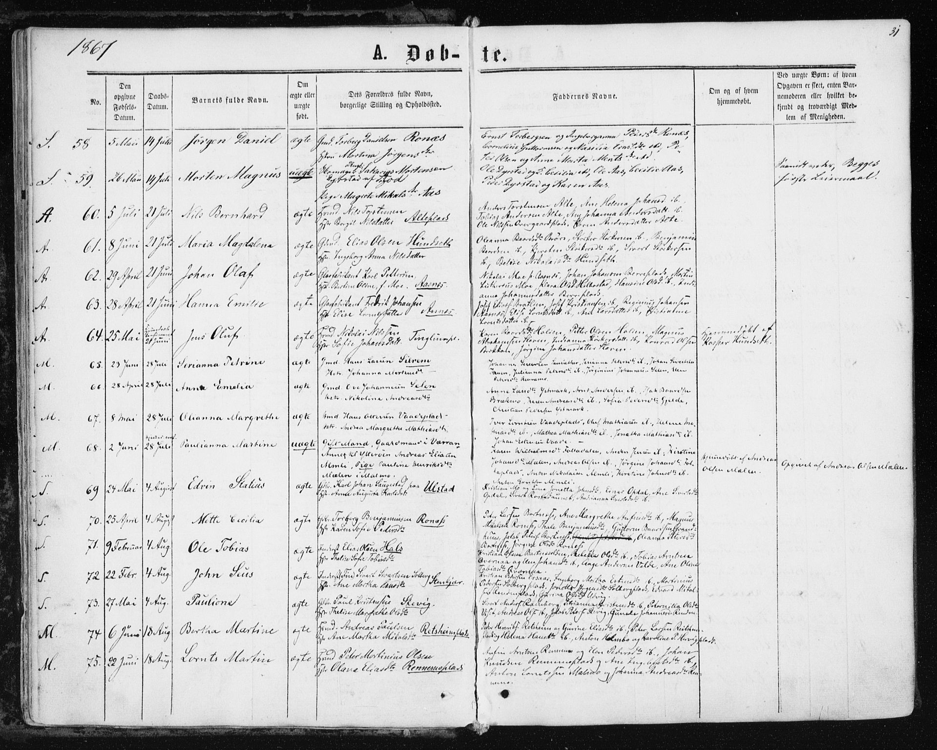 Ministerialprotokoller, klokkerbøker og fødselsregistre - Nord-Trøndelag, AV/SAT-A-1458/741/L0394: Parish register (official) no. 741A08, 1864-1877, p. 31