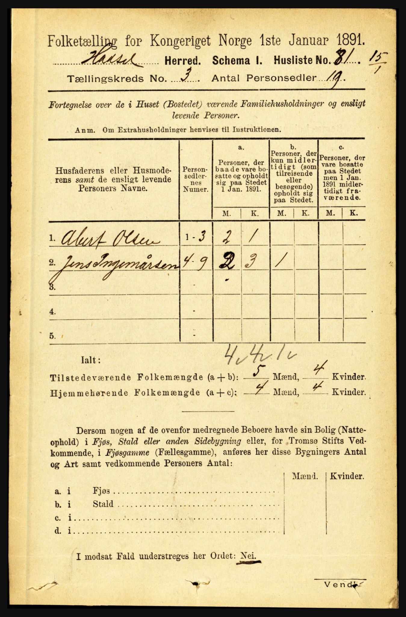 RA, 1891 census for 1866 Hadsel, 1891, p. 1079