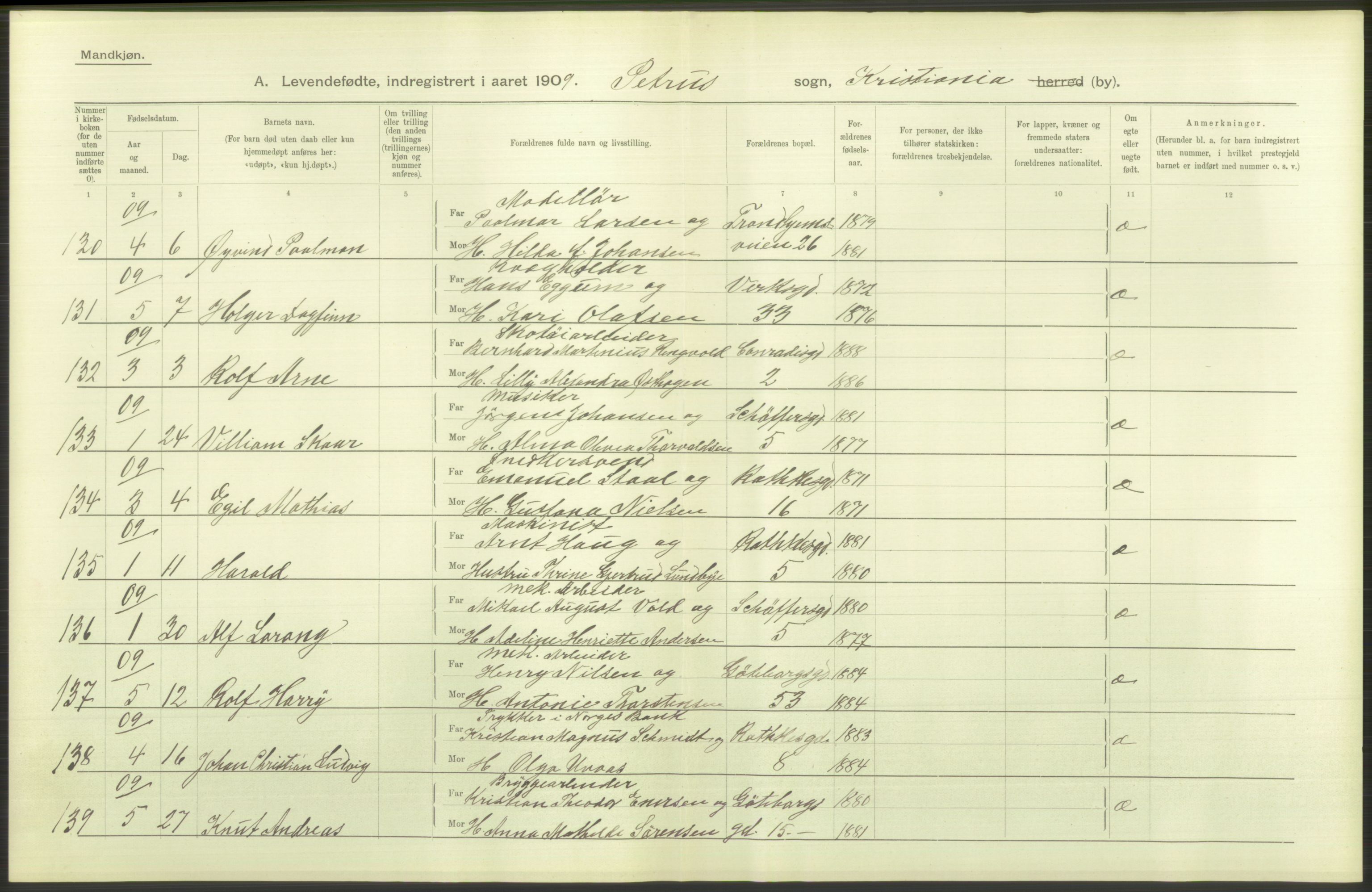 Statistisk sentralbyrå, Sosiodemografiske emner, Befolkning, RA/S-2228/D/Df/Dfa/Dfag/L0007: Kristiania: Levendefødte menn og kvinner., 1909, p. 186