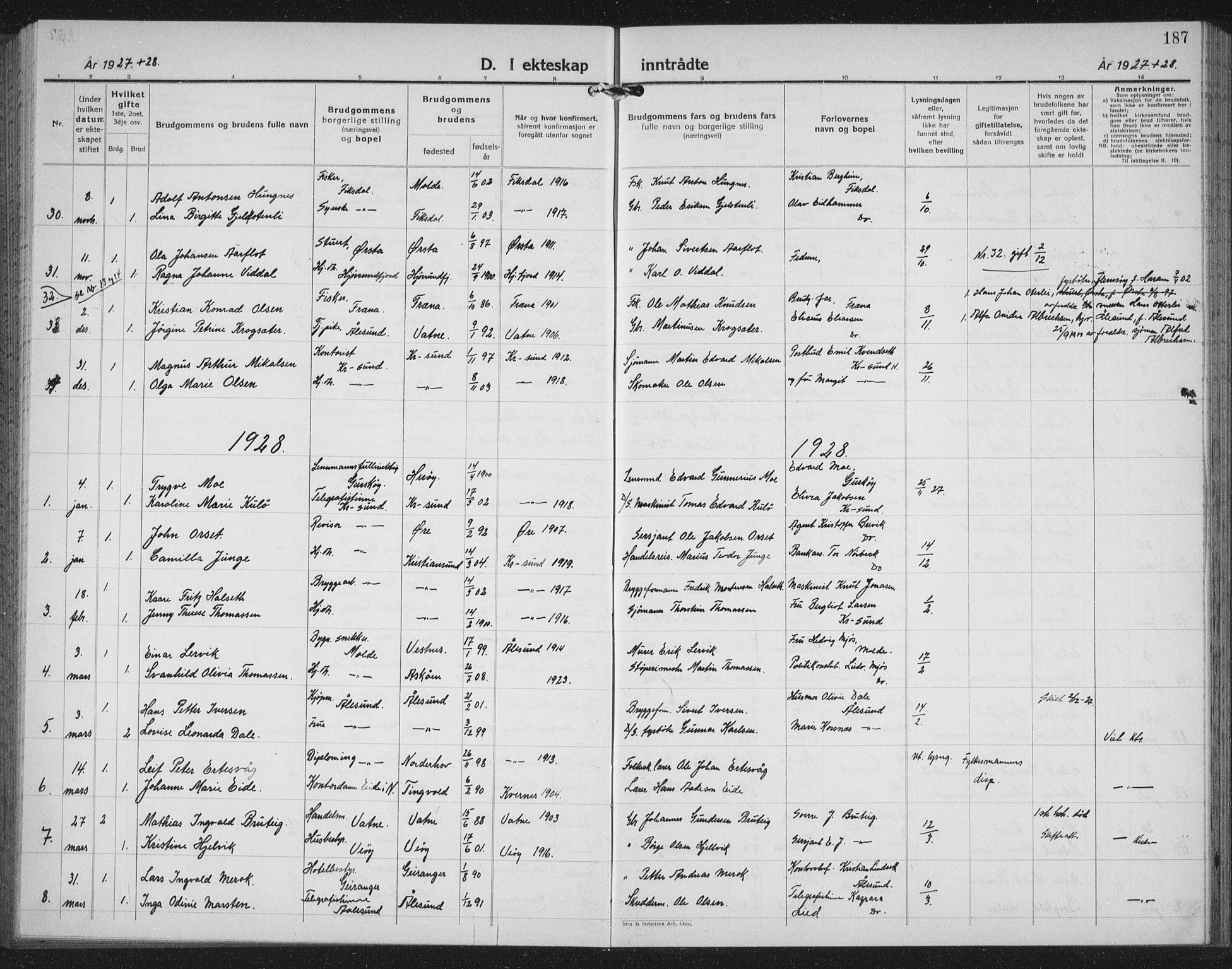 Ministerialprotokoller, klokkerbøker og fødselsregistre - Møre og Romsdal, SAT/A-1454/558/L0704: Parish register (copy) no. 558C05, 1921-1942, p. 187