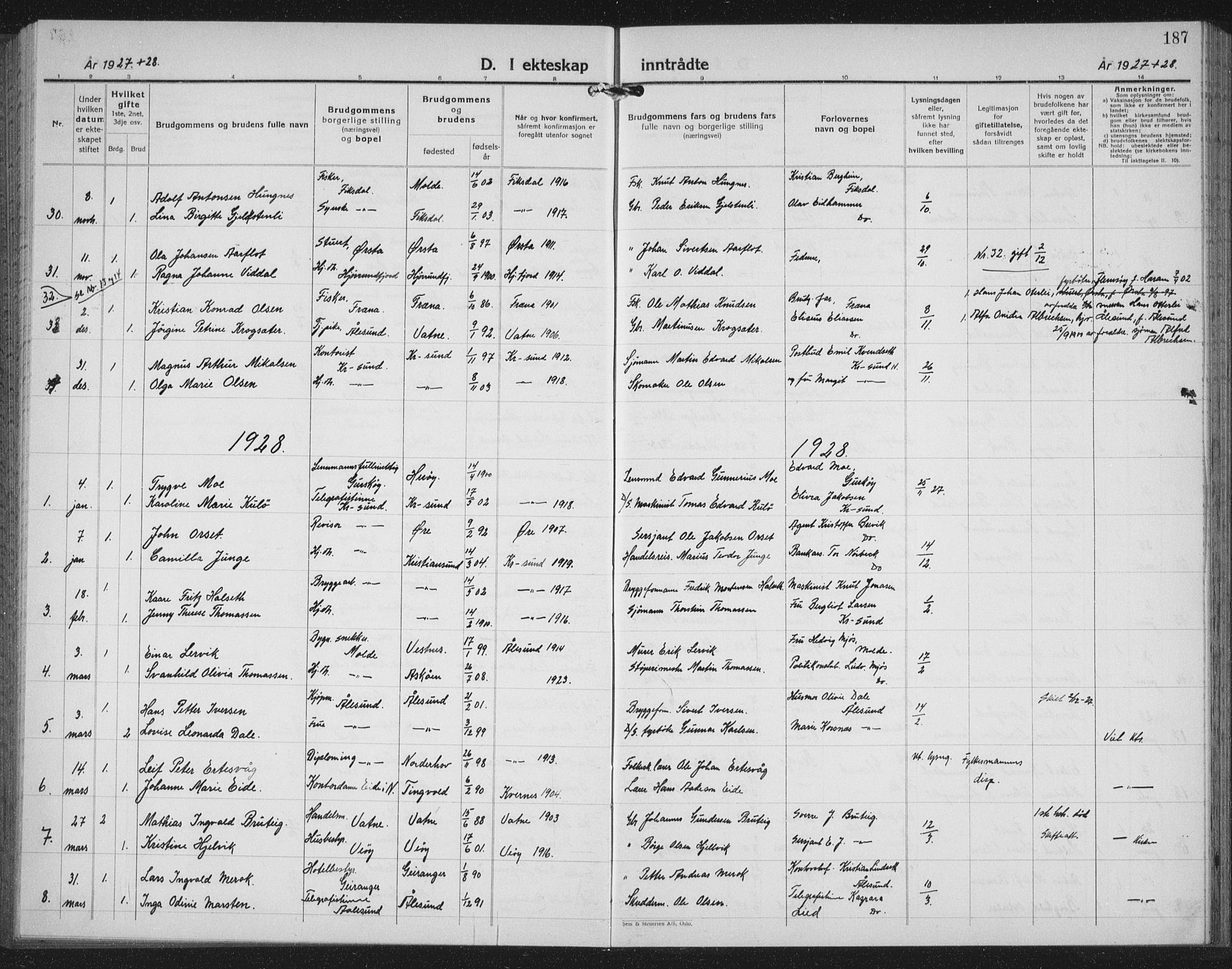 Ministerialprotokoller, klokkerbøker og fødselsregistre - Møre og Romsdal, AV/SAT-A-1454/558/L0704: Parish register (copy) no. 558C05, 1921-1942, p. 187