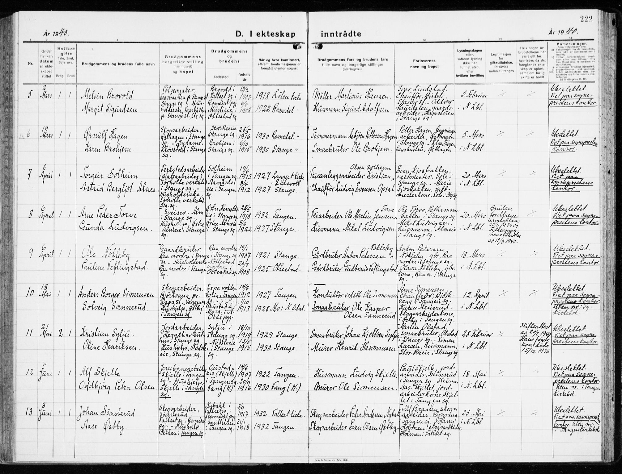 Stange prestekontor, AV/SAH-PREST-002/K/L0027: Parish register (official) no. 27, 1937-1947, p. 222