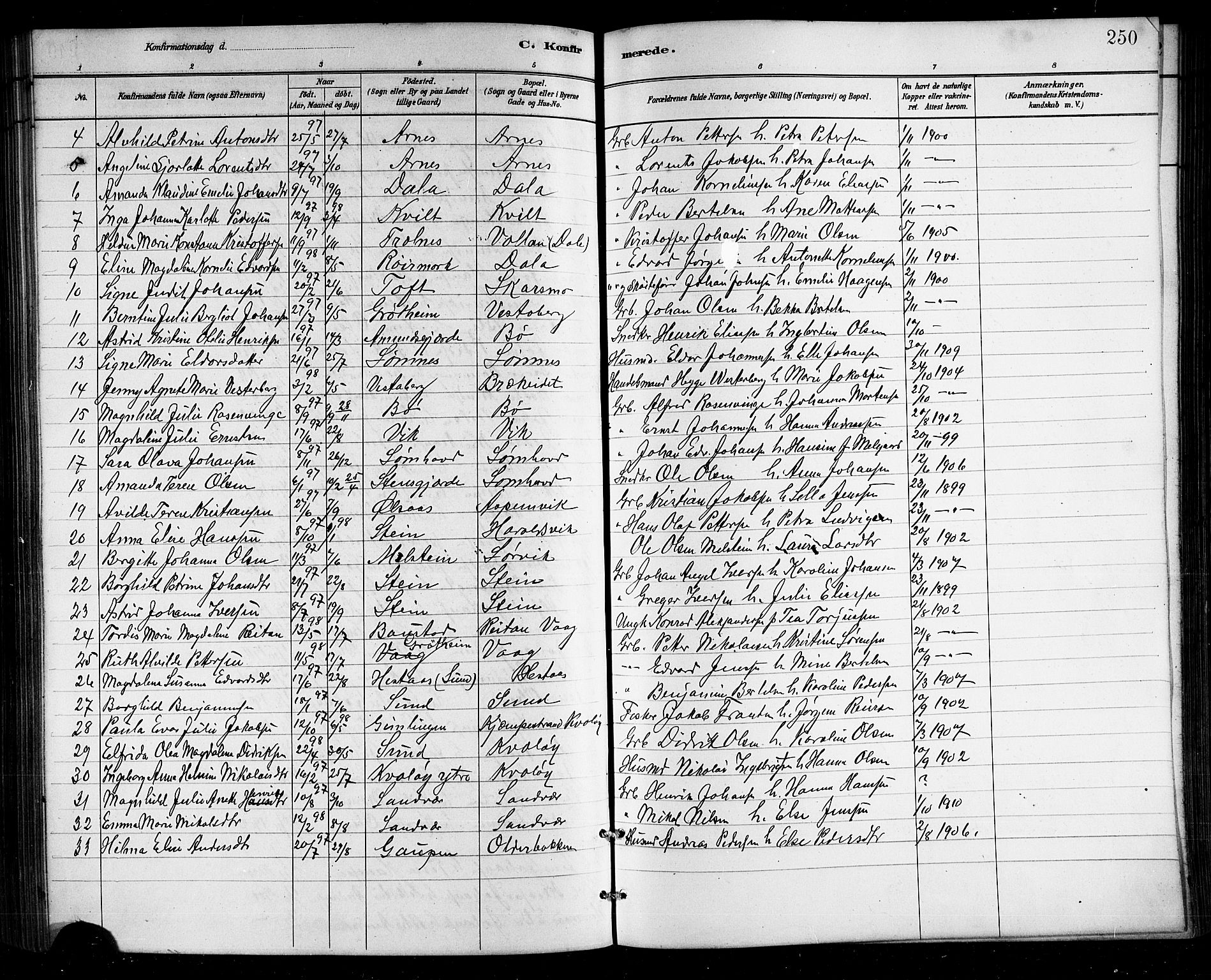 Ministerialprotokoller, klokkerbøker og fødselsregistre - Nordland, AV/SAT-A-1459/812/L0188: Parish register (copy) no. 812C06, 1884-1912, p. 250