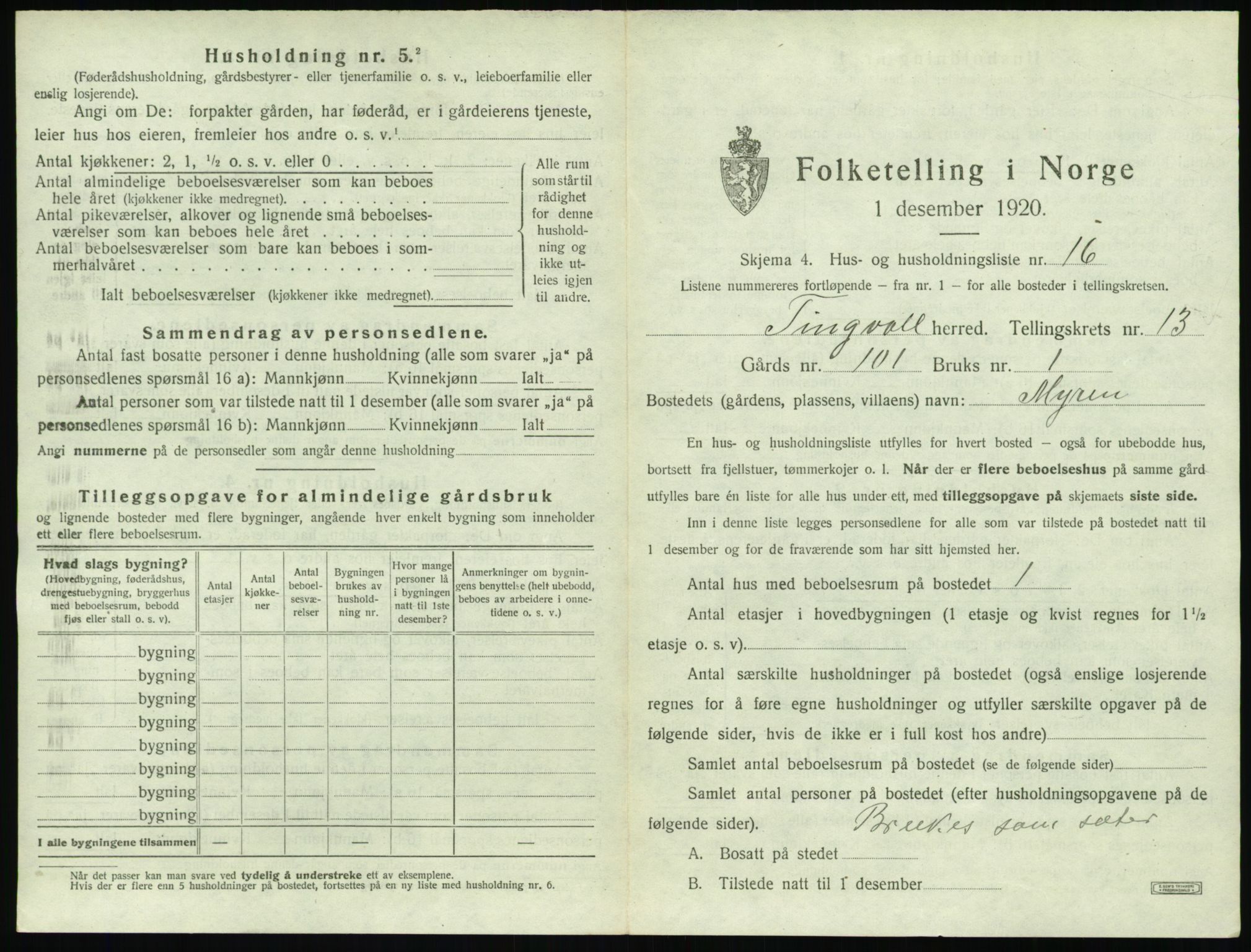 SAT, 1920 census for Tingvoll, 1920, p. 996