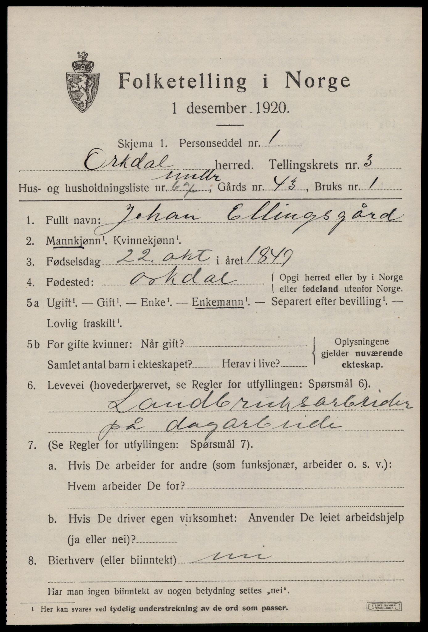 SAT, 1920 census for Orkdal, 1920, p. 3858