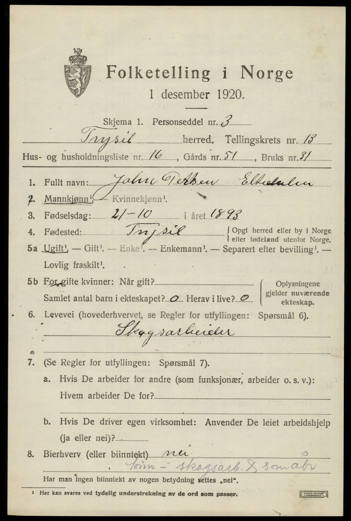 SAH, 1920 census for Trysil, 1920, p. 7845