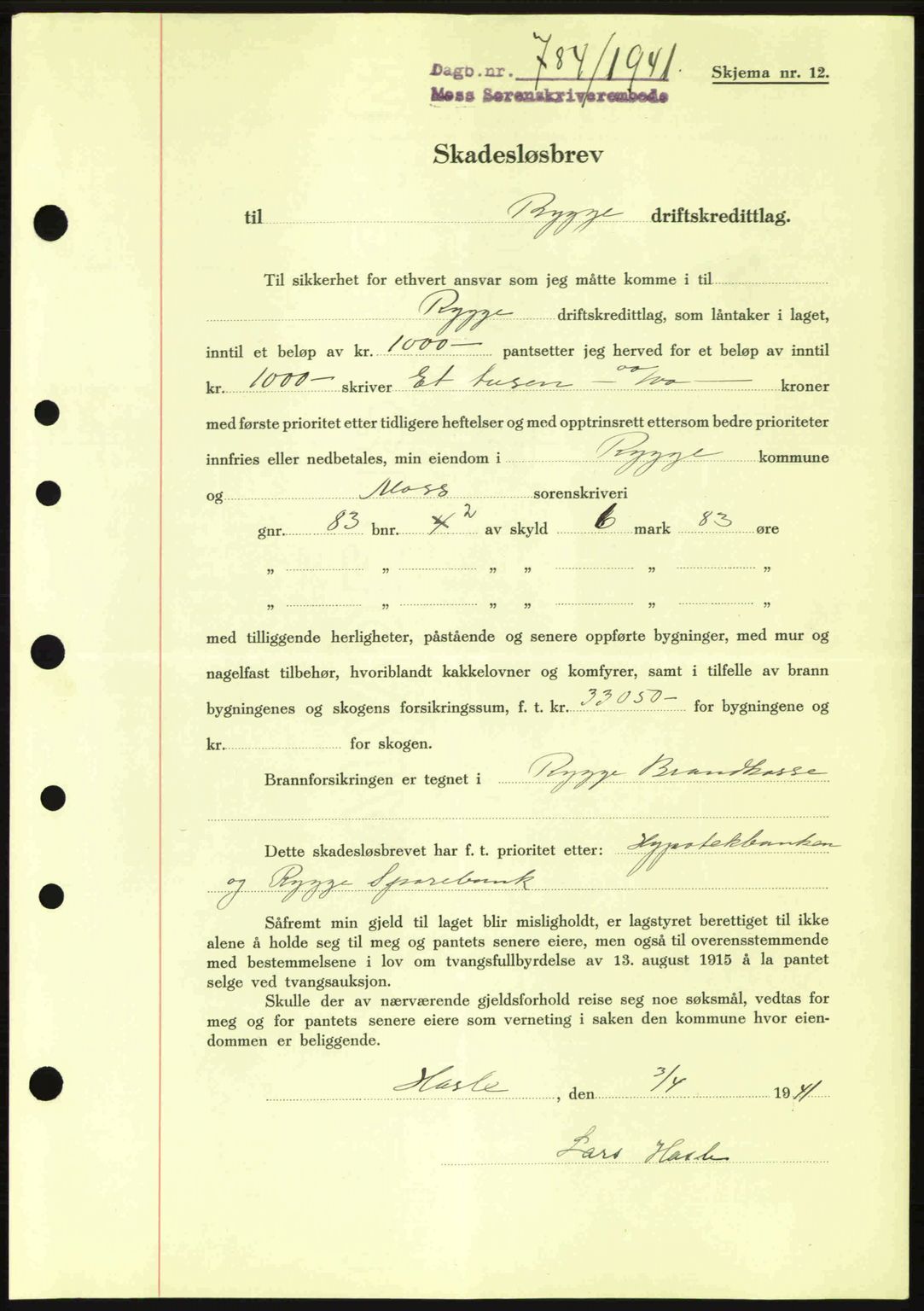 Moss sorenskriveri, SAO/A-10168: Mortgage book no. B10, 1940-1941, Diary no: : 784/1941