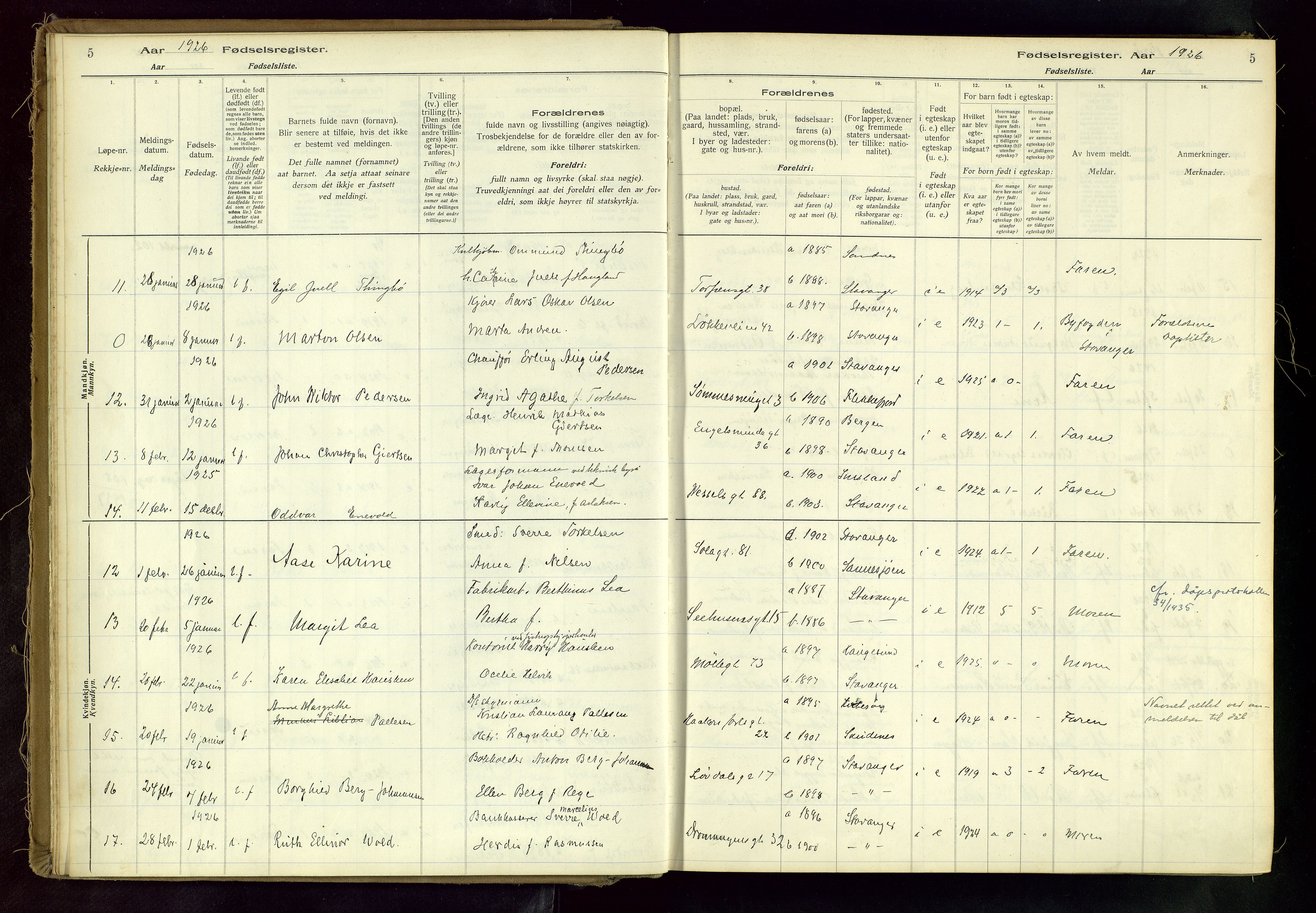 Domkirken sokneprestkontor, SAST/A-101812/002/A/L0001: Birth register no. 1, 1925-1932, p. 5