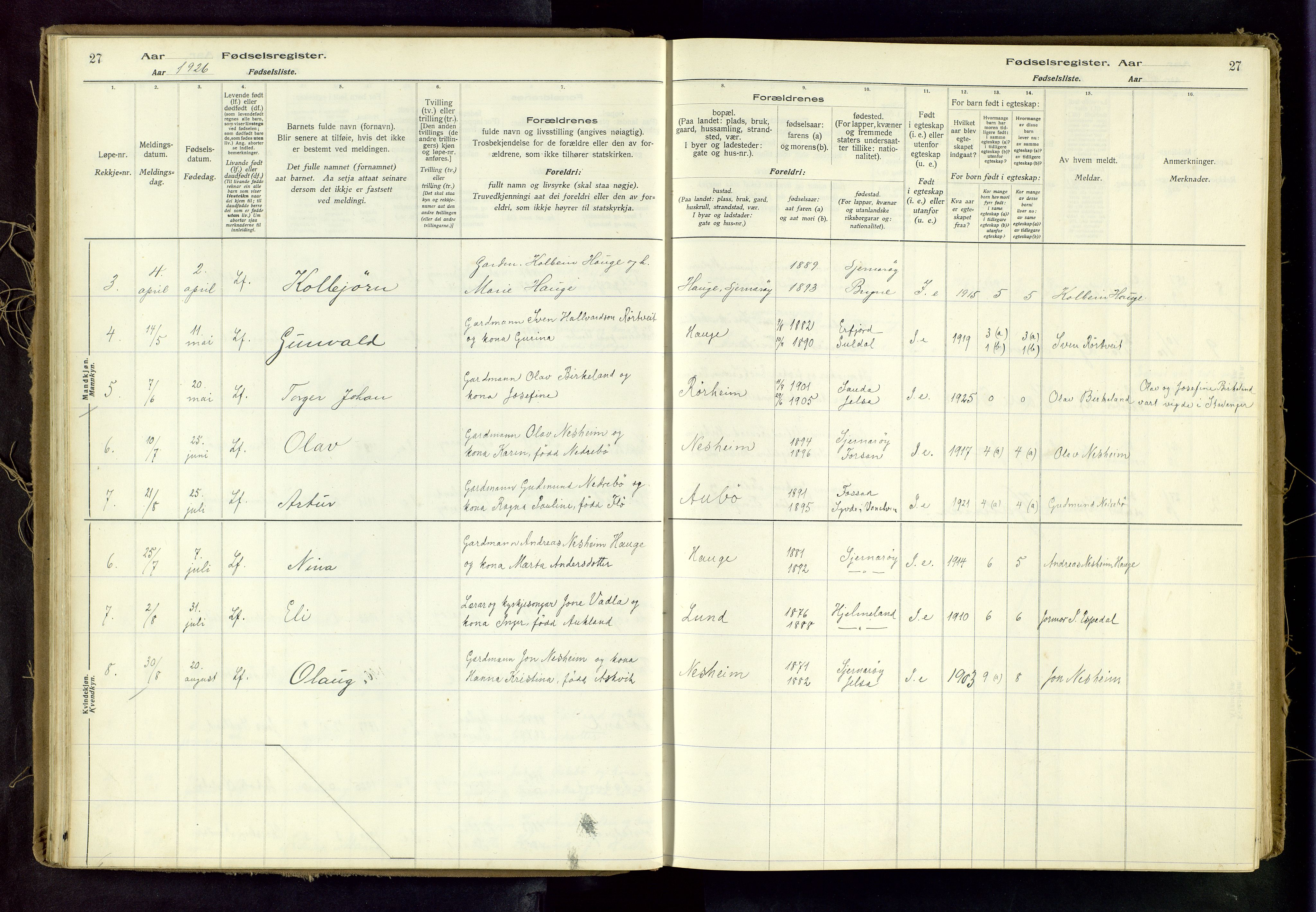 Nedstrand sokneprestkontor, AV/SAST-A-101841/03/A/L0001: Birth register no. 1, 1916-1982, p. 27