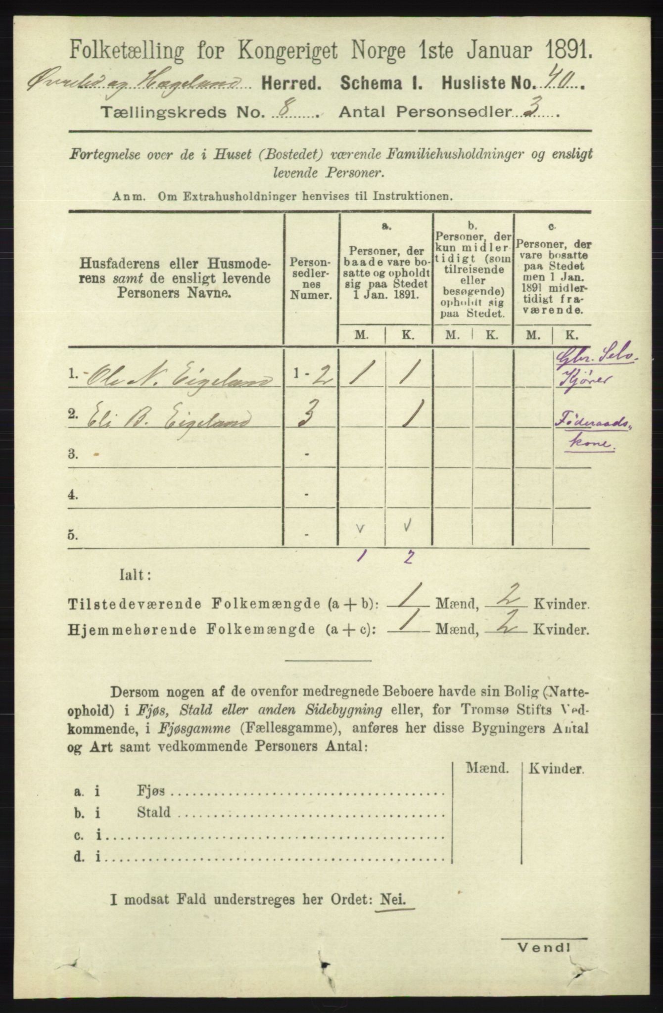 RA, 1891 census for 1016 Øvrebø og Hægeland, 1891, p. 1472