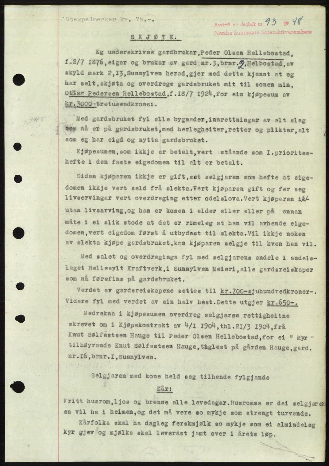 Nordre Sunnmøre sorenskriveri, AV/SAT-A-0006/1/2/2C/2Ca: Mortgage book no. A26, 1947-1948, Diary no: : 93/1948