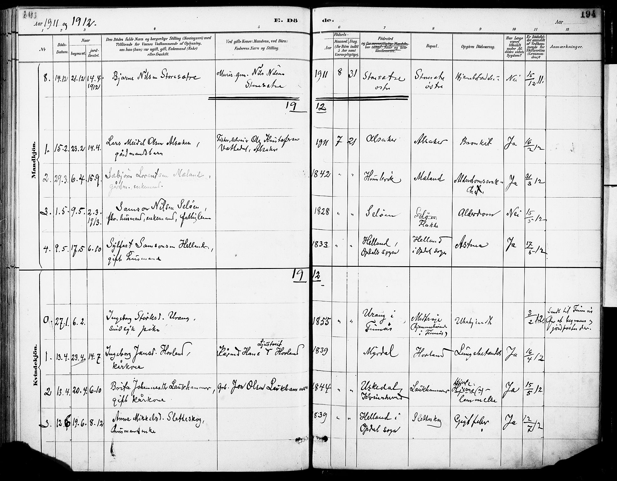Tysnes sokneprestembete, SAB/A-78601/H/Haa: Parish register (official) no. C 1, 1887-1912, p. 194