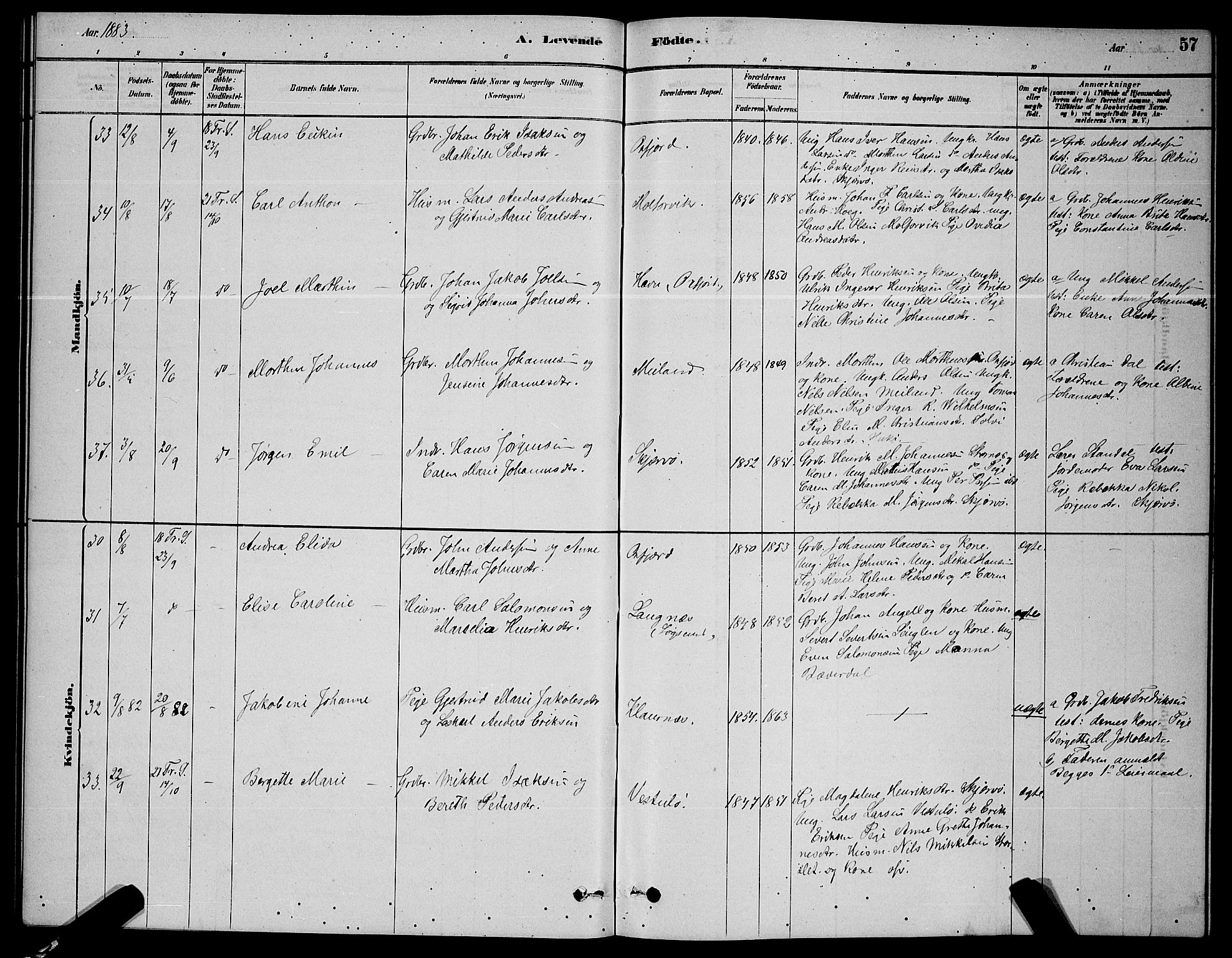 Skjervøy sokneprestkontor, AV/SATØ-S-1300/H/Ha/Hab/L0006klokker: Parish register (copy) no. 6, 1878-1888, p. 57