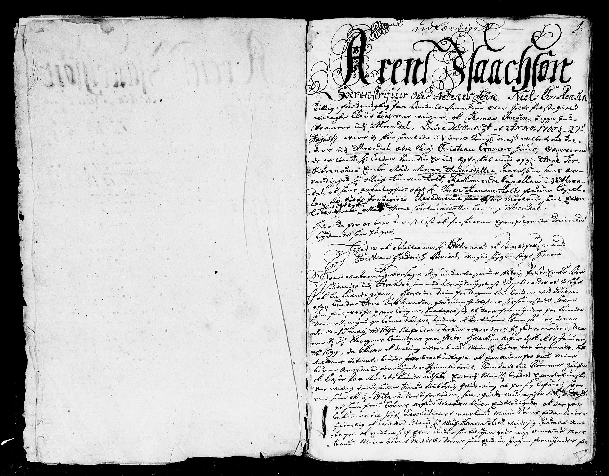 Nedenes sorenskriveri før 1824, AV/SAK-1221-0007/H/Hc/L0003: Skifteprotokoll med register nr 3, 1700-1708, p. 0b-1a