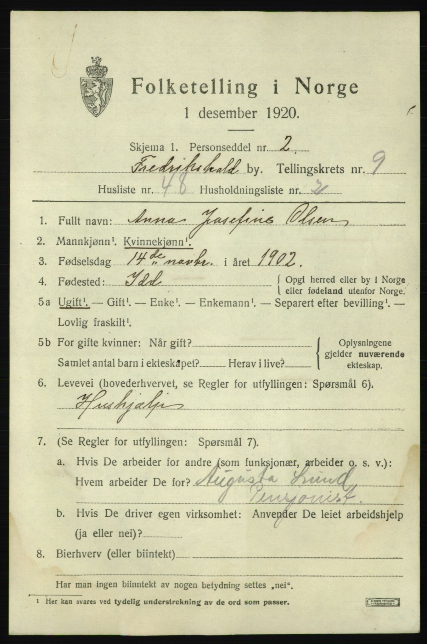 SAO, 1920 census for Fredrikshald, 1920, p. 17033