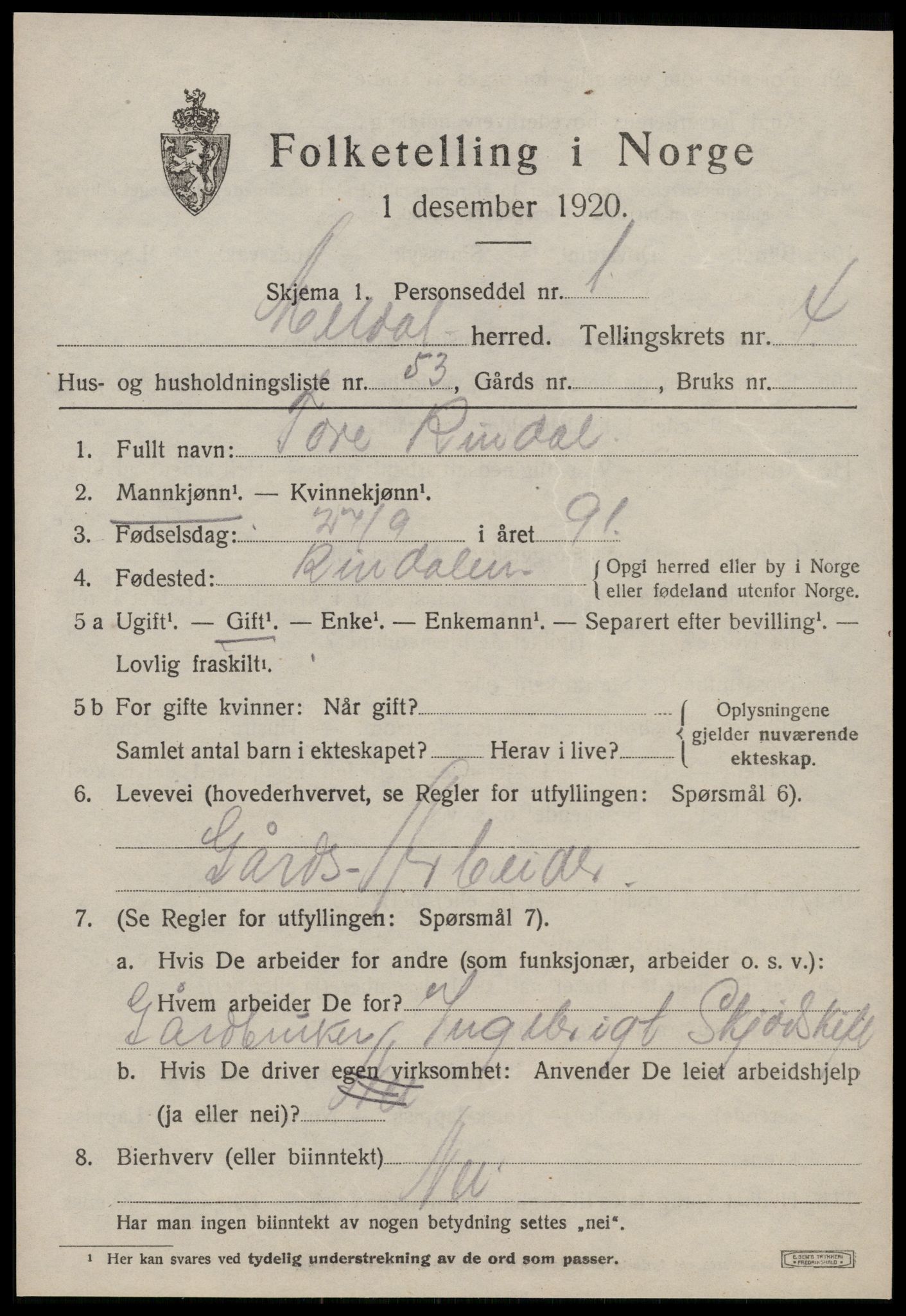 SAT, 1920 census for Meldal, 1920, p. 4433