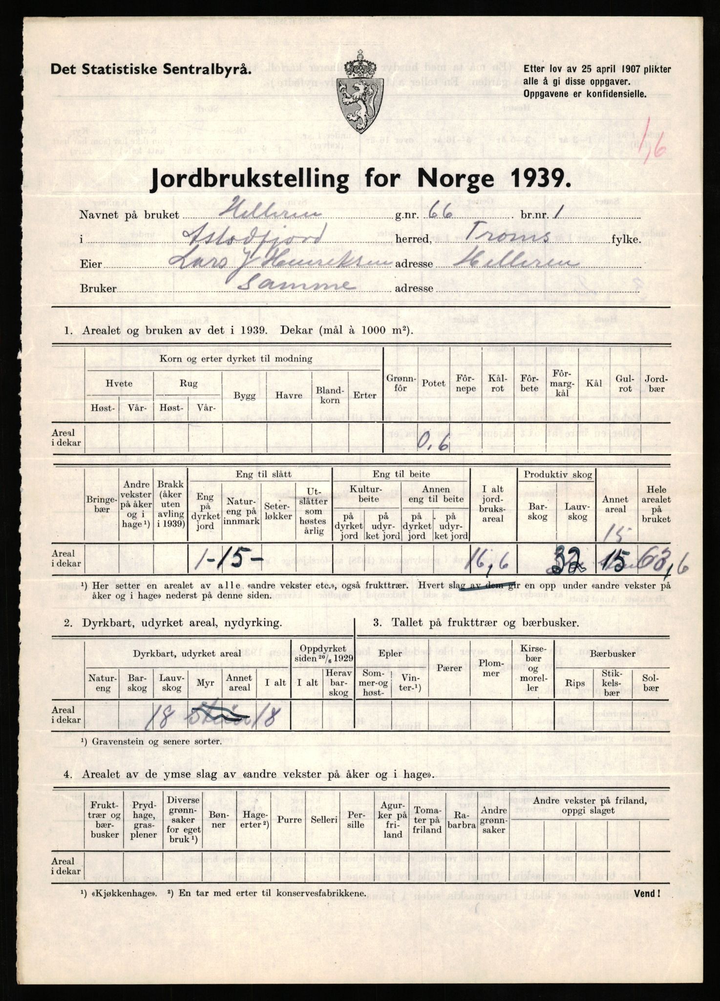 Statistisk sentralbyrå, Næringsøkonomiske emner, Jordbruk, skogbruk, jakt, fiske og fangst, AV/RA-S-2234/G/Gb/L0339: Troms: Andørja, Astafjord og Lavangen, 1939, p. 84