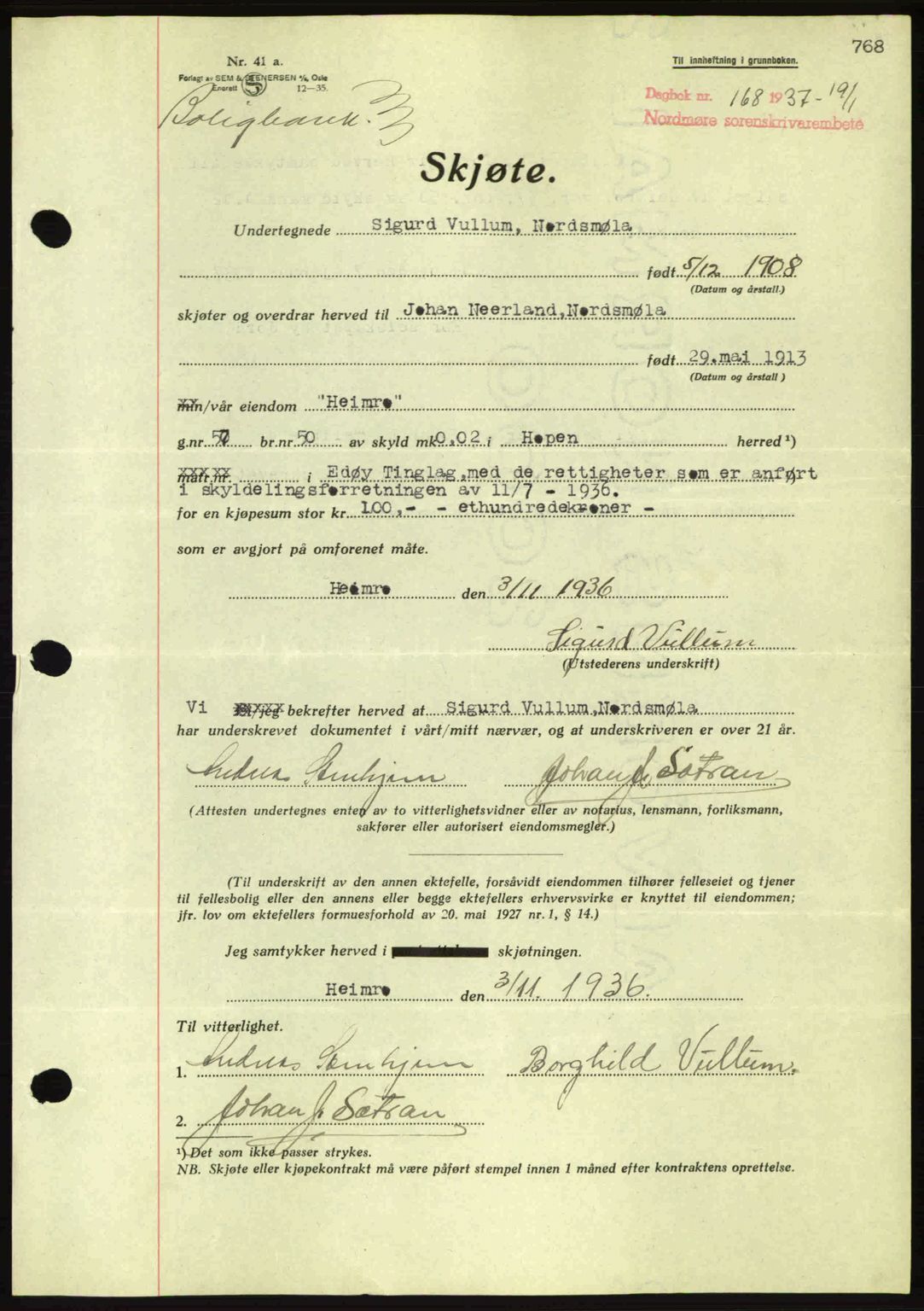 Nordmøre sorenskriveri, AV/SAT-A-4132/1/2/2Ca: Mortgage book no. A80, 1936-1937, Diary no: : 168/1937