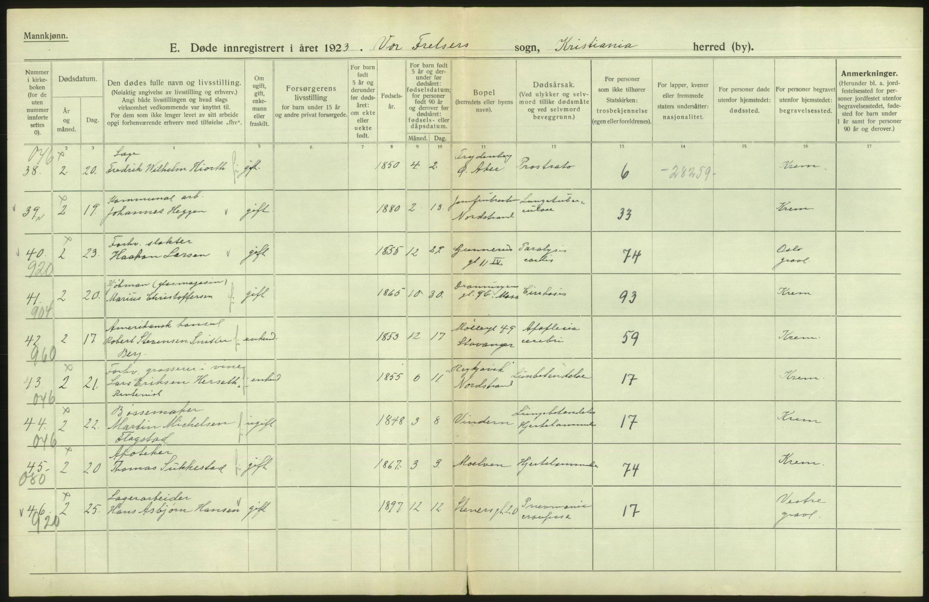 Statistisk sentralbyrå, Sosiodemografiske emner, Befolkning, AV/RA-S-2228/D/Df/Dfc/Dfcc/L0009: Kristiania: Døde, 1923, p. 102