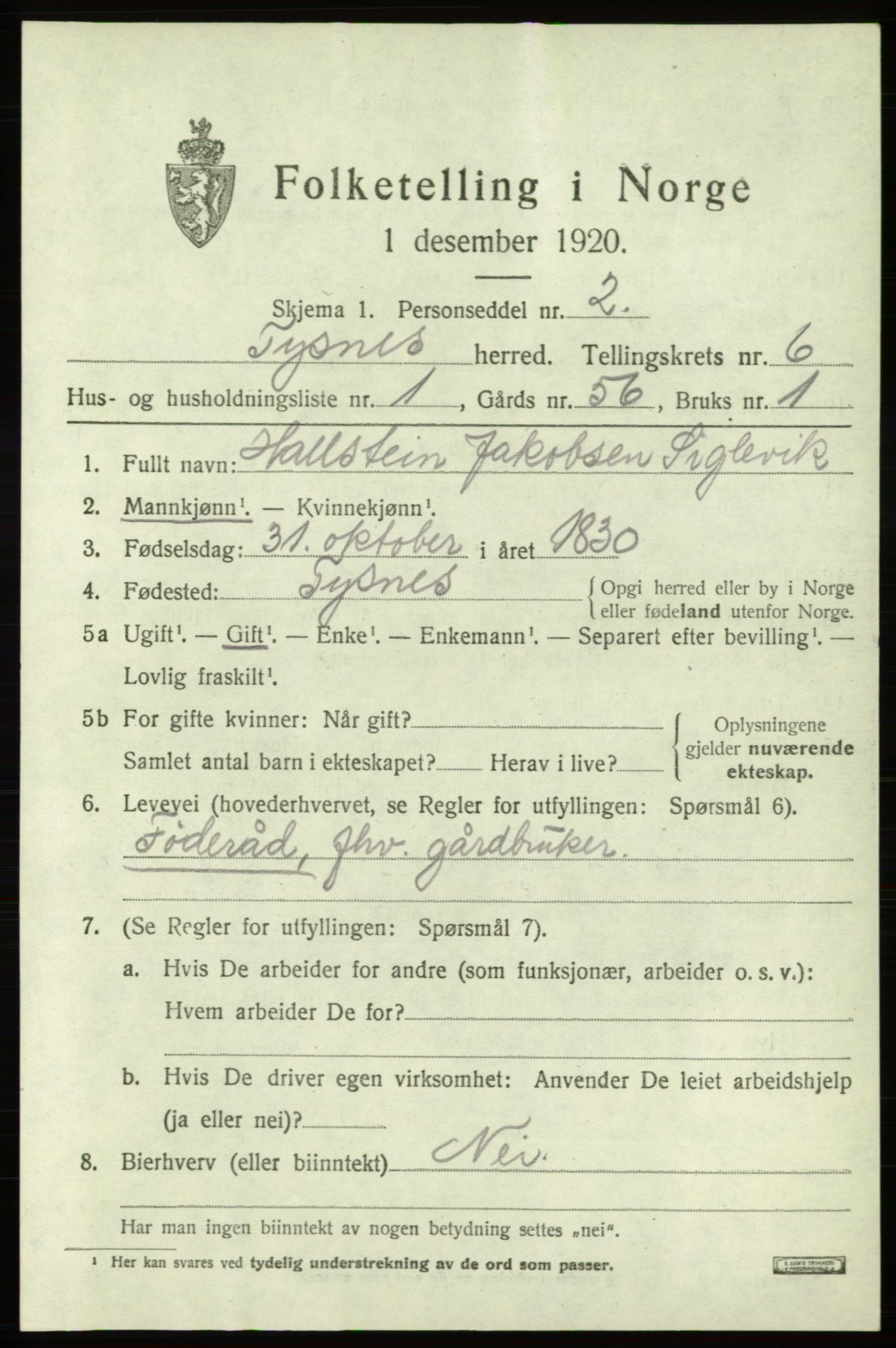 SAB, 1920 census for Tysnes, 1920, p. 4366