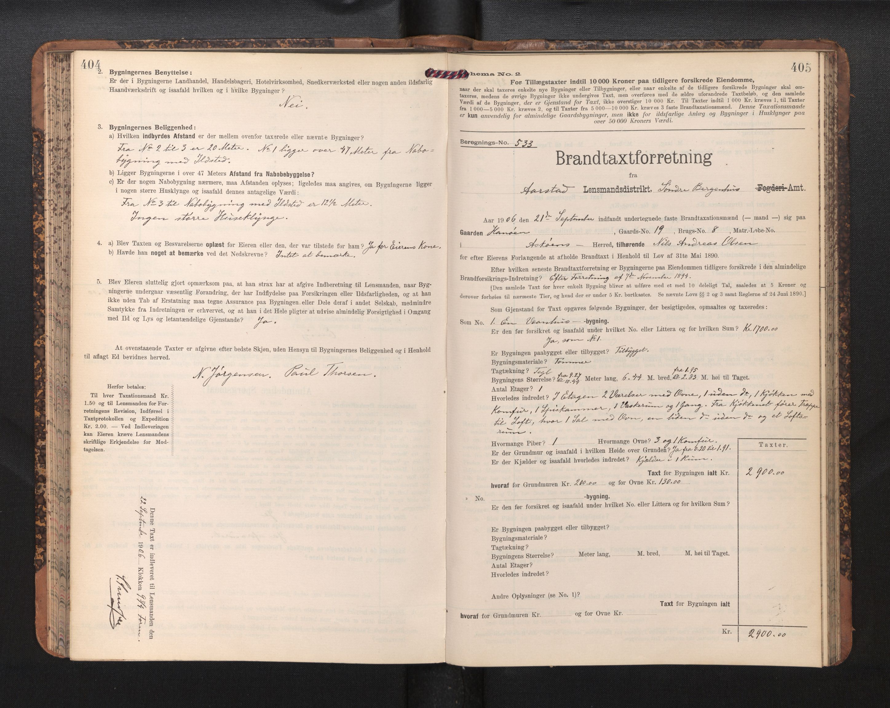 Lensmannen i Årstad, AV/SAB-A-36201/0012/L0014: Branntakstprotokoll,skjematakst, 1906-1907, p. 404-405