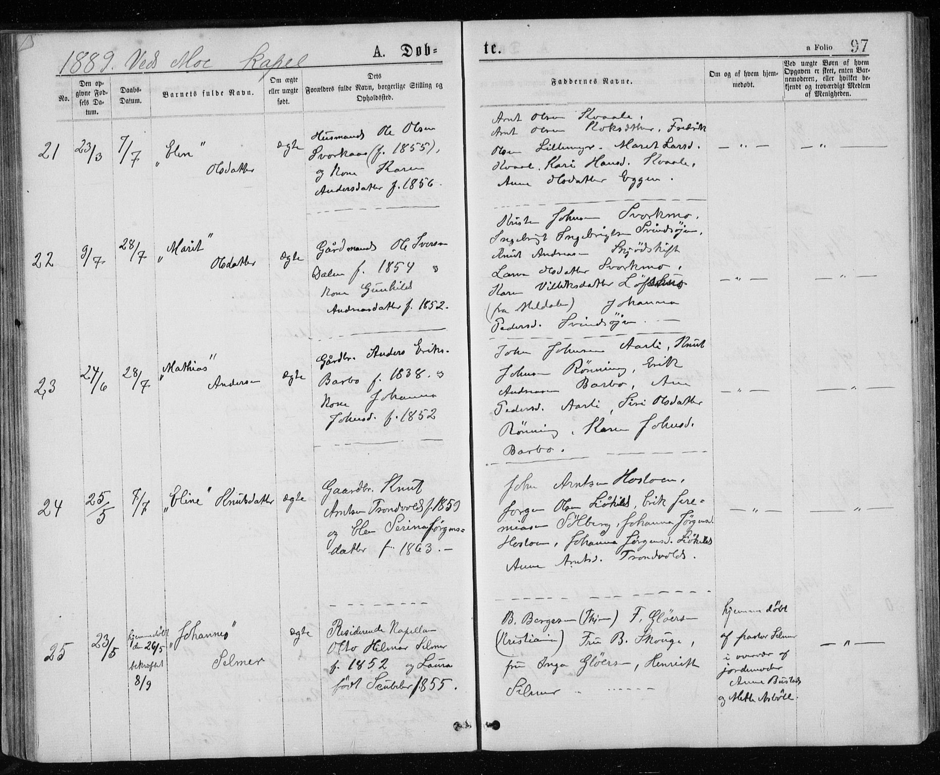 Ministerialprotokoller, klokkerbøker og fødselsregistre - Sør-Trøndelag, AV/SAT-A-1456/671/L0843: Parish register (copy) no. 671C02, 1873-1892, p. 97