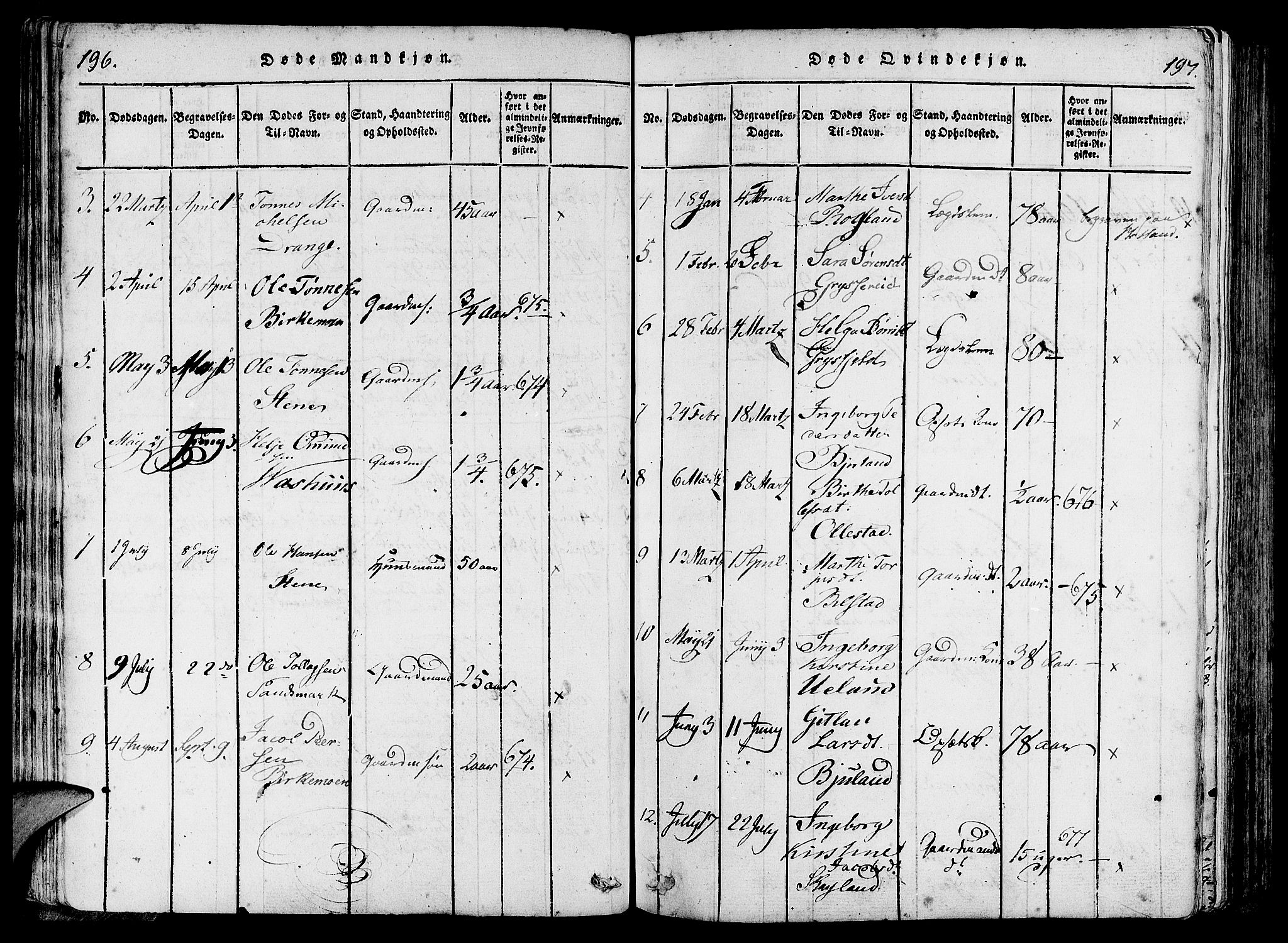 Lund sokneprestkontor, SAST/A-101809/S06/L0006: Parish register (official) no. A 6, 1816-1839, p. 196-197