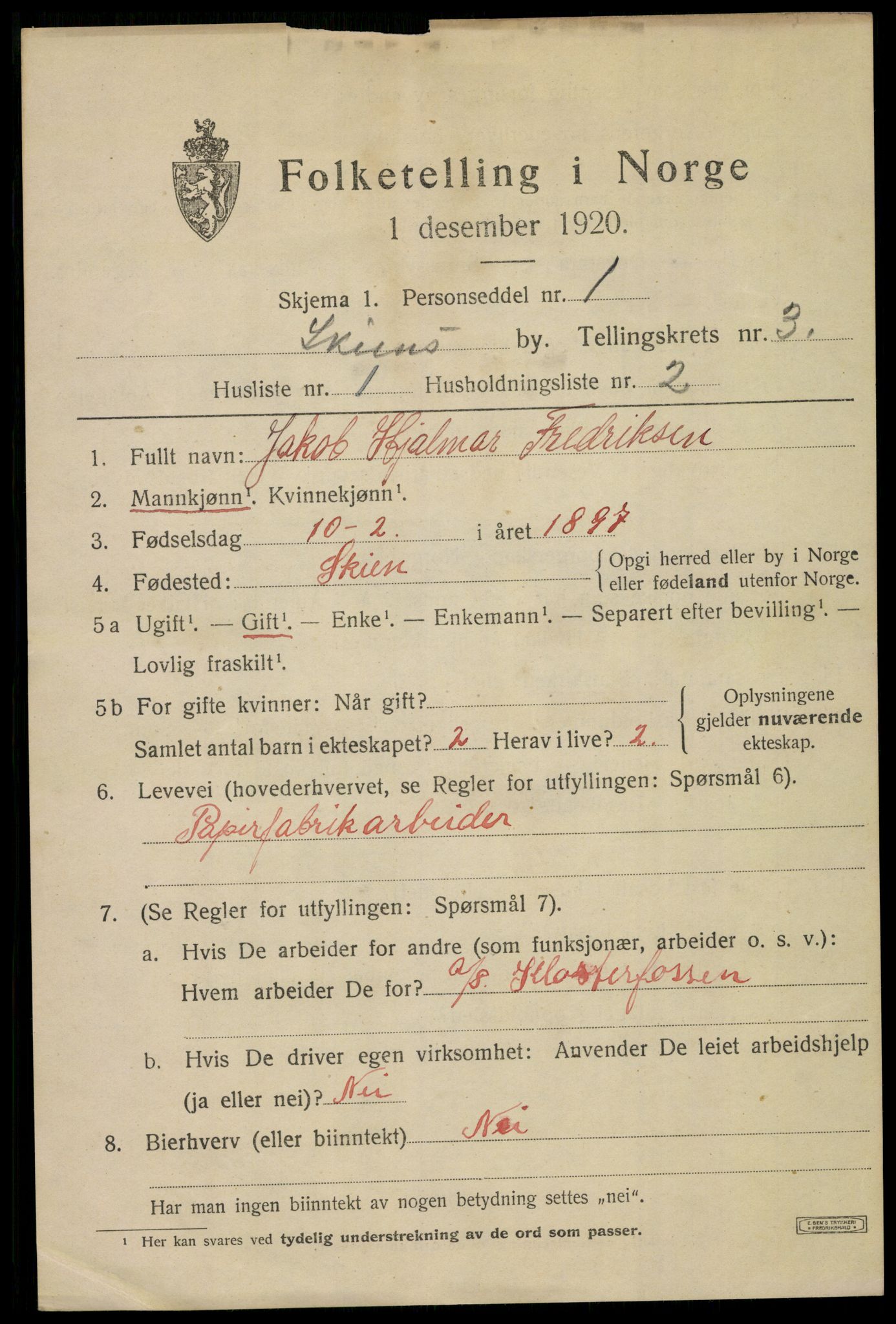 SAKO, 1920 census for Skien, 1920, p. 15178